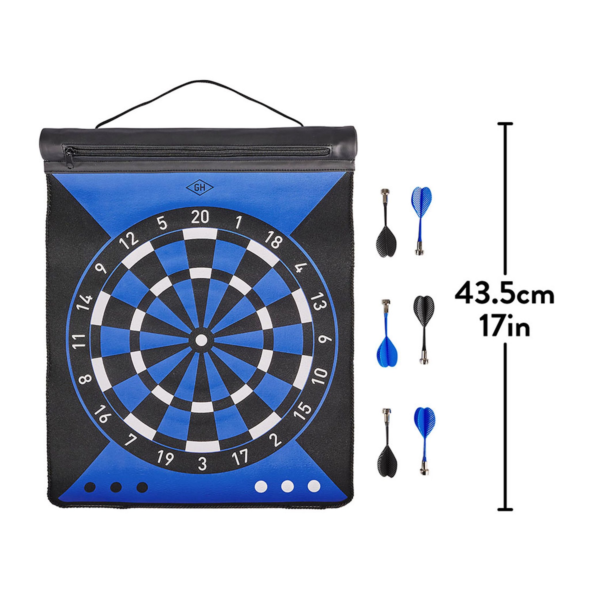 Jeu de fléchettes déroulé avec cible classique bleue, poche zippée en haut et six fléchettes à côté