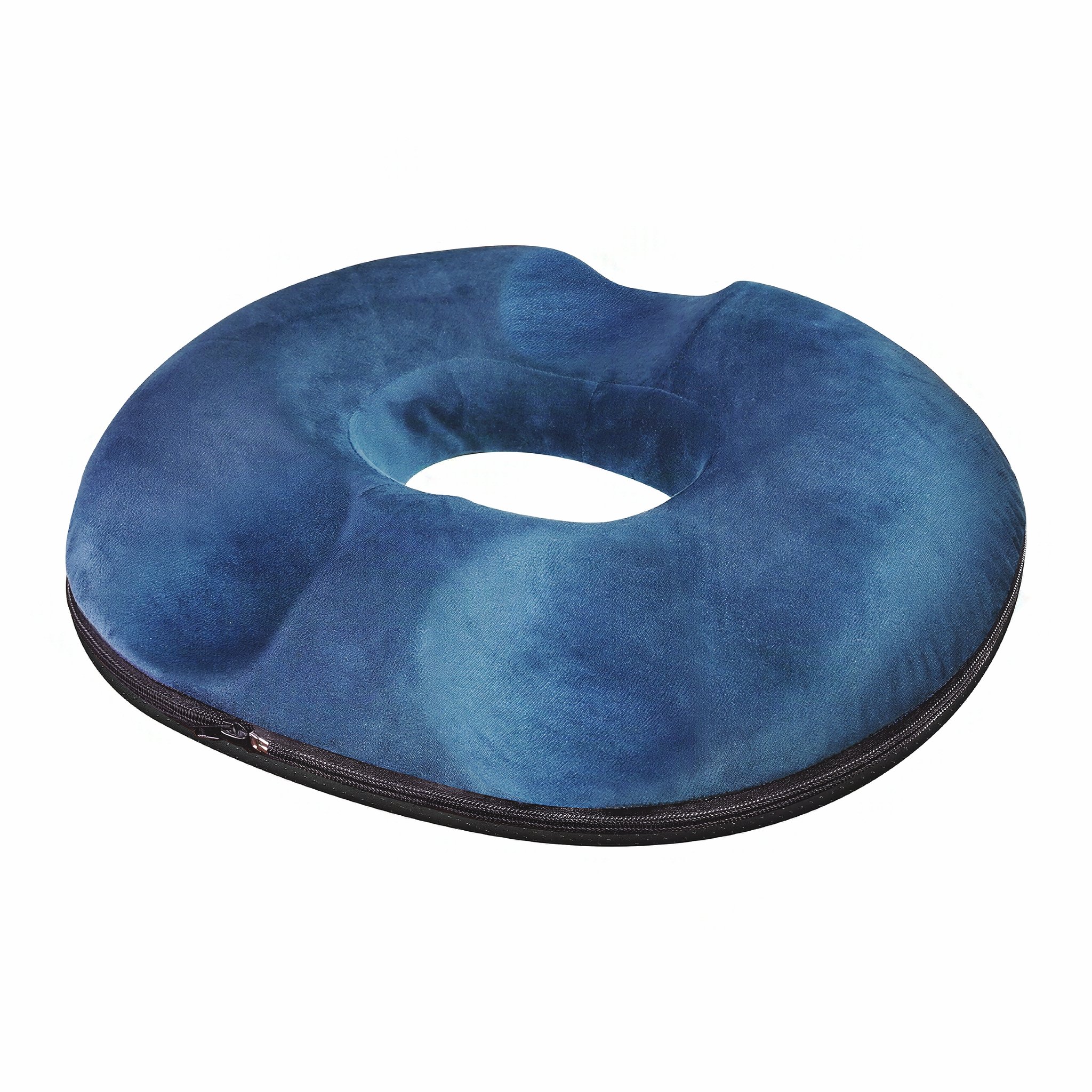 Navy velvet donut seat cushion with coccyx cut-out and zip running around the edge