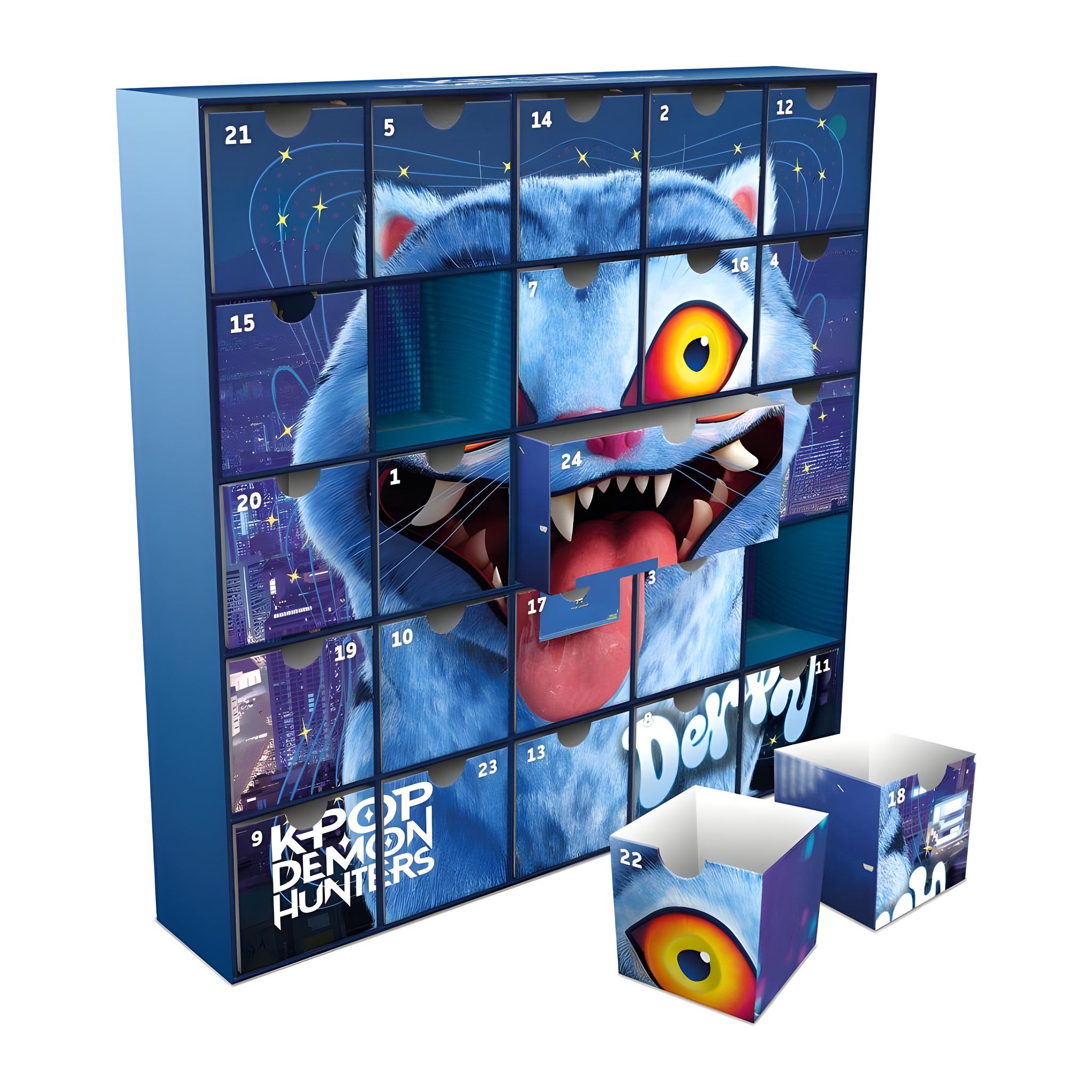 KPop Demon Hunters Adventskalender mit 24 Schubladen und Tiger Derpy, zwei Schubladen herausgenommen