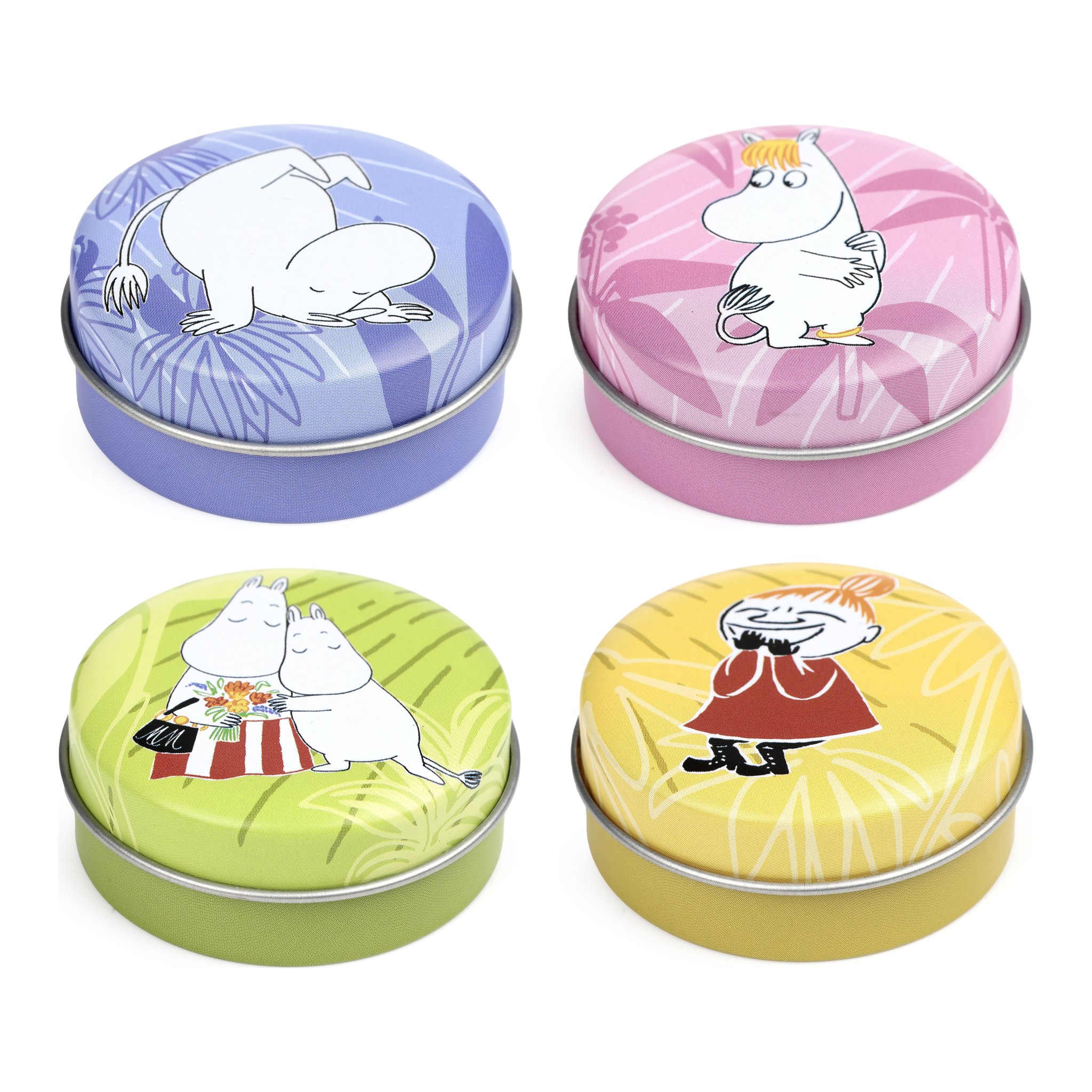 Four Moomin lip balm tins in blue, pink, green and yellow