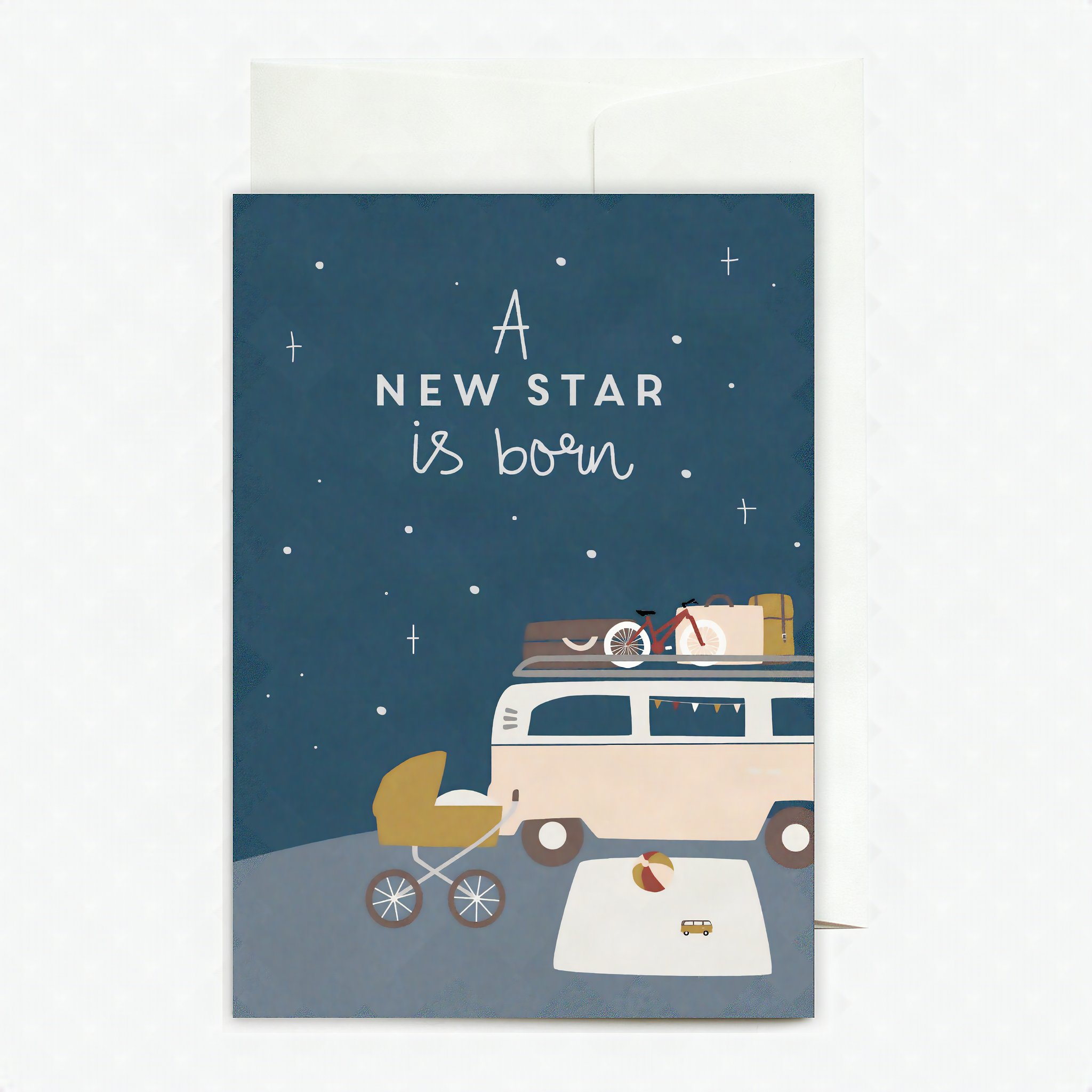 Grusskarte A new Star is born mit Bus und Kinderwagen unter Sternenhimmel