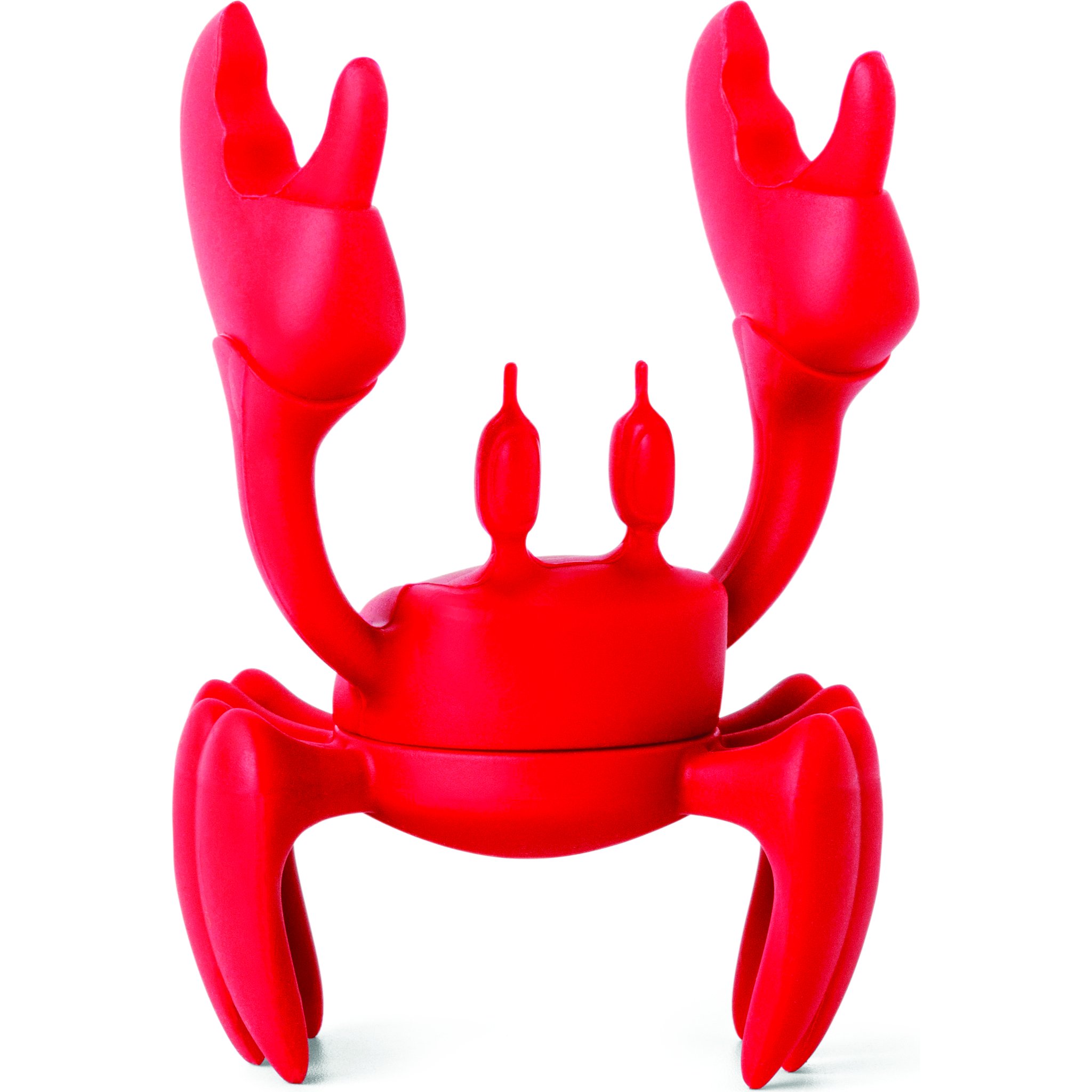 Red silicone crab with raised claws seen from the front