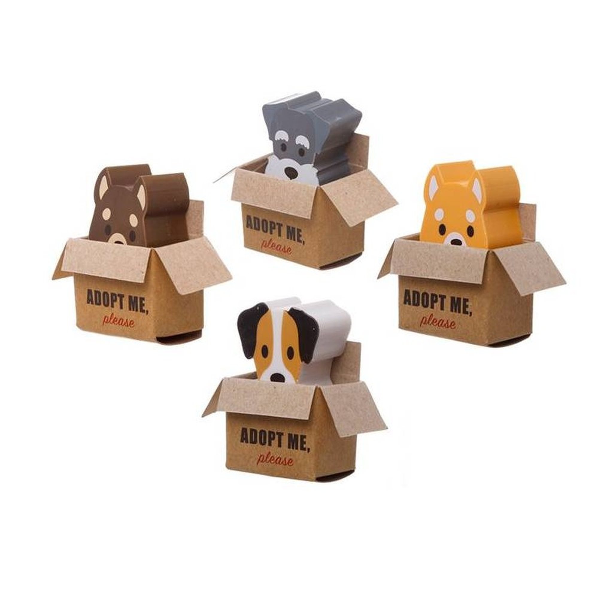 Quatre gommes chien dans des boites « Adopt me »