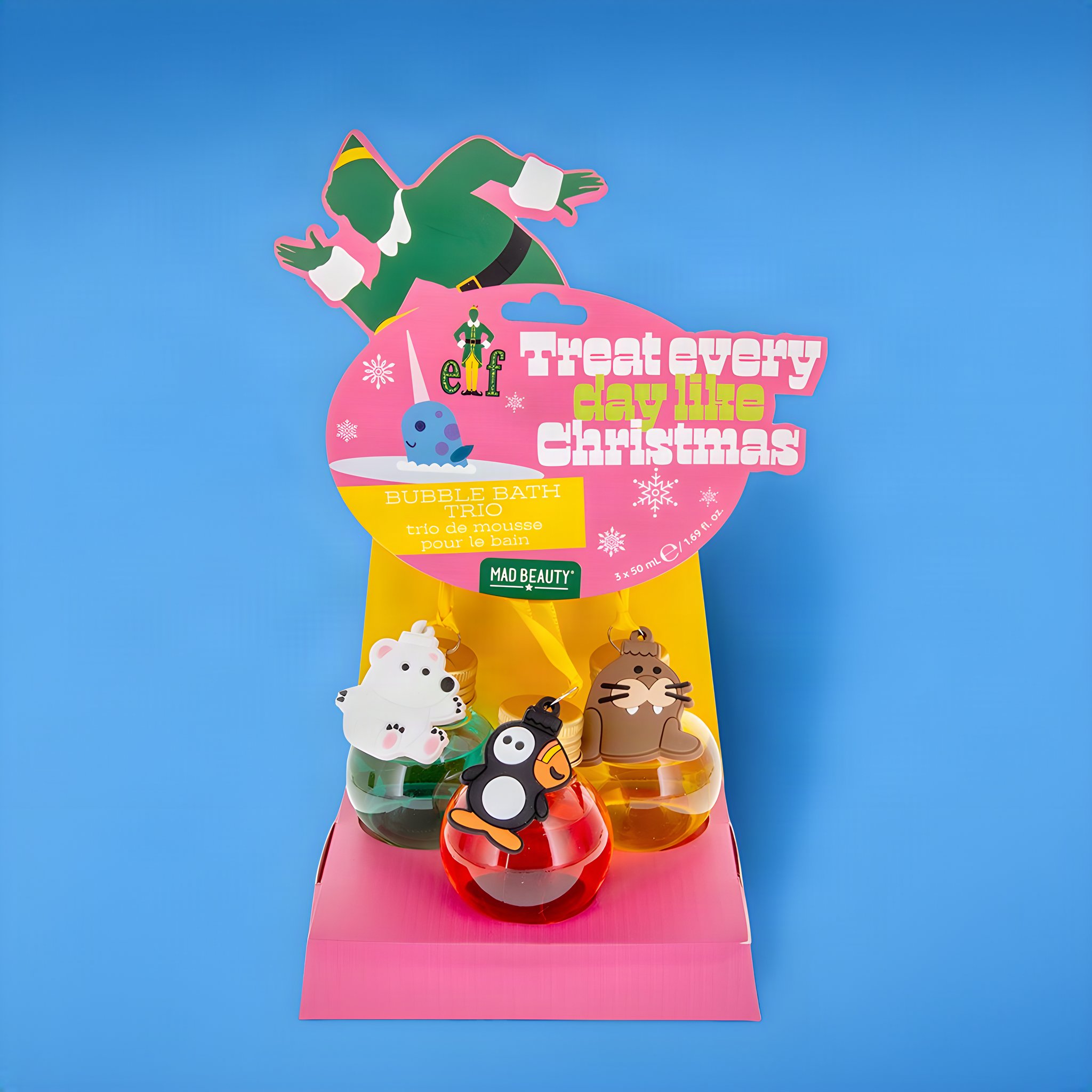 Elf Schaumbad-Trio in der Verpackung «Treat every day like Christmas» mit Buddy auf dem Kopfteil