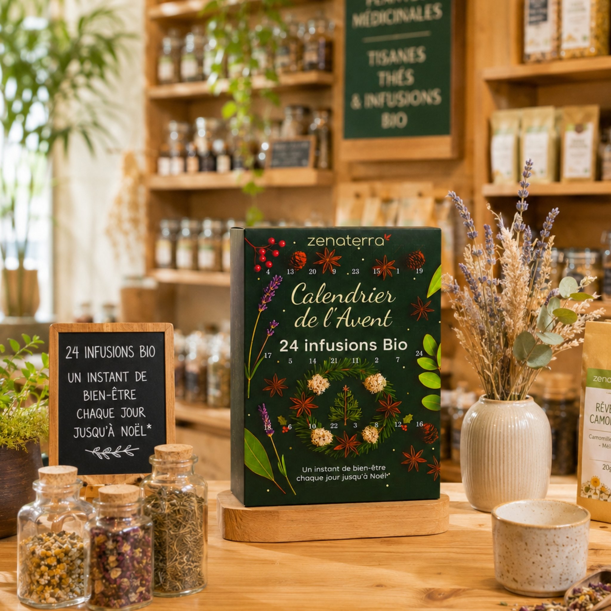 Calendrier de l'Avent de tisanes bio en herboristerie, à côté de bocaux de fleurs