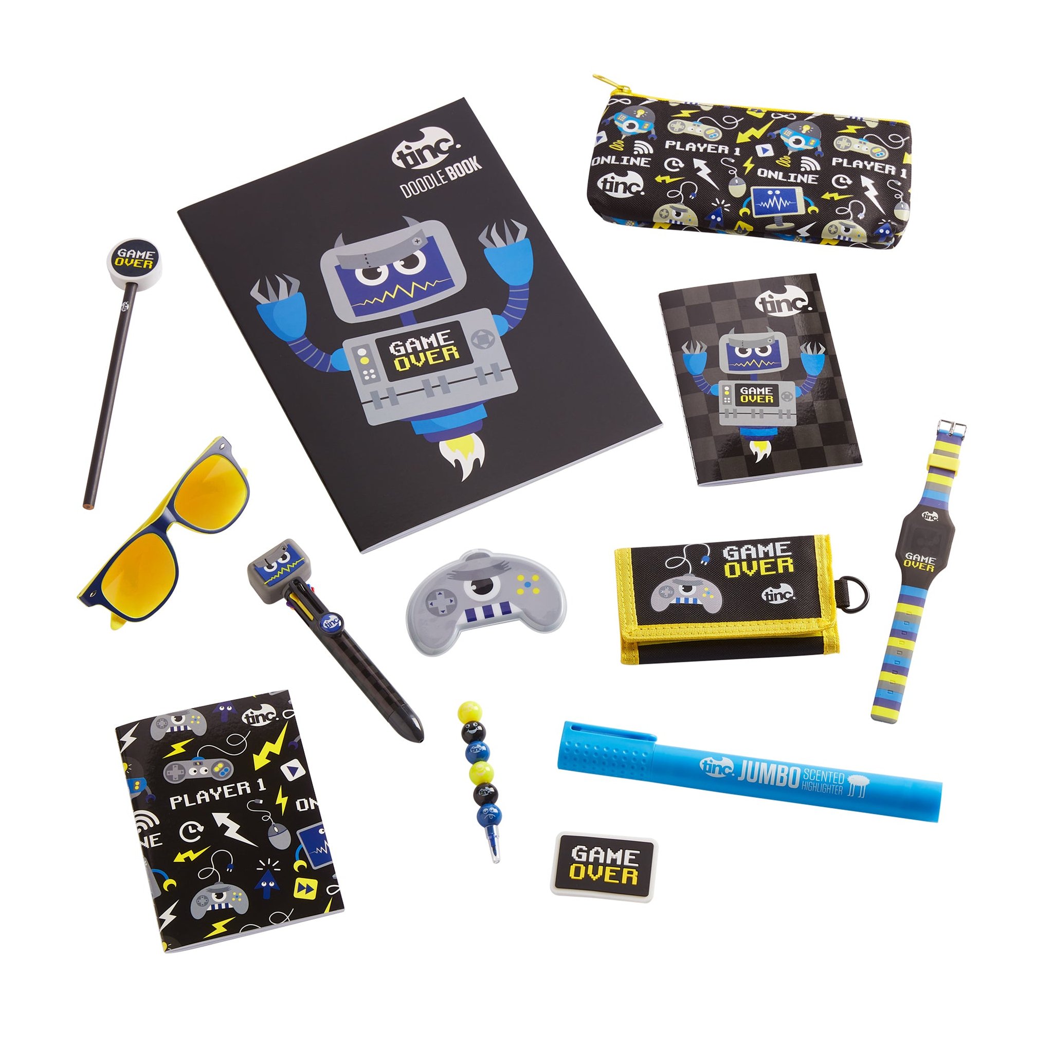 Contenu du set cadeau Game Over : cahier à dessin, deux carnets, trousse, montre, lunettes, stylos et gomme