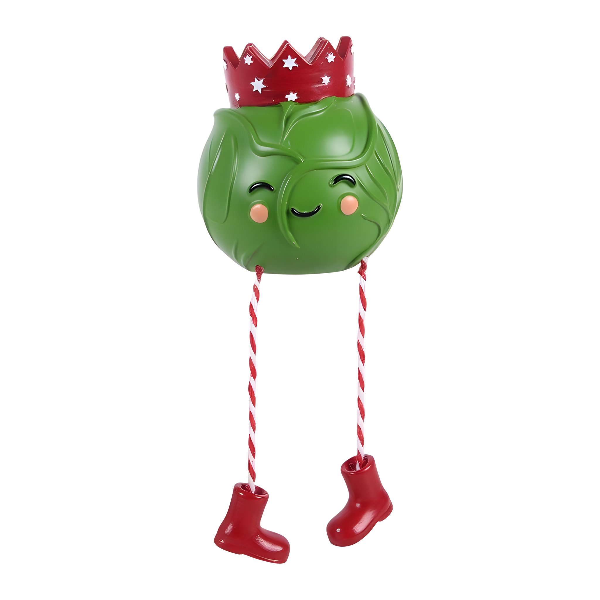 Figurine chou de Bruxelles avec couronne, jambes rayées et bottes rouges