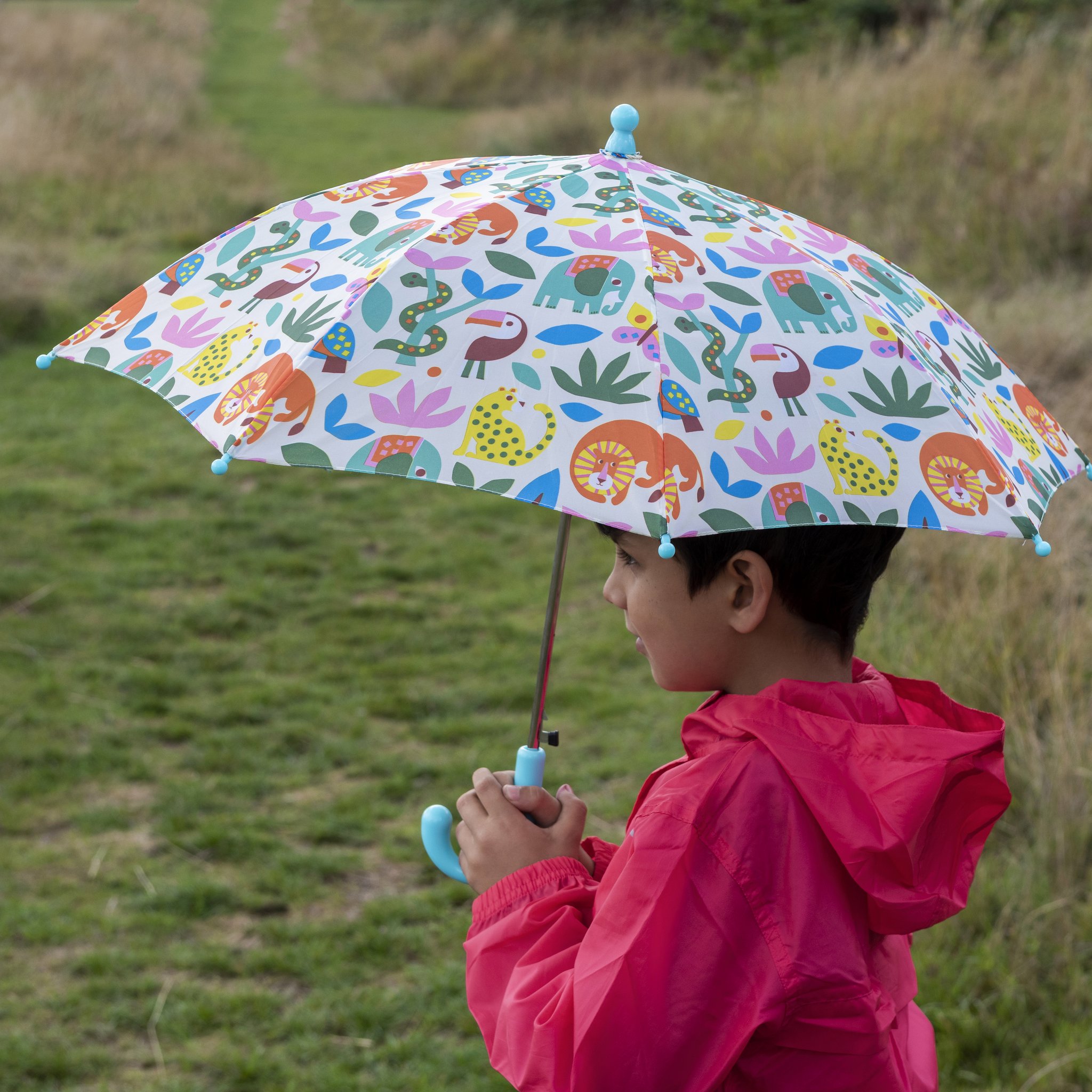 Child with the Wild Wonders children's umbrella with jungle animals on the meadow