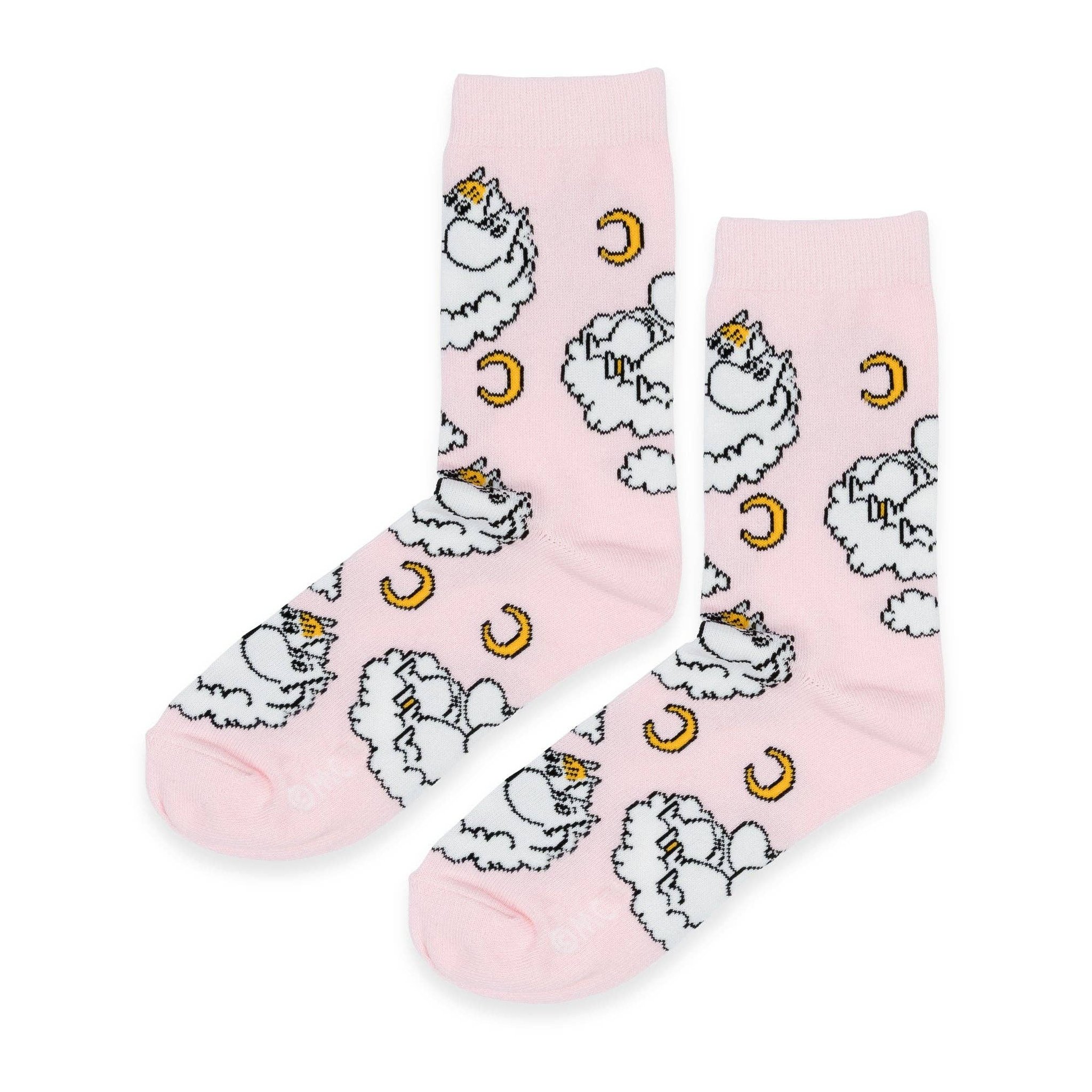 Calze Moomin rosa con la Signorina Snork sulle nuvole e spicchi di luna, primo paio della confezione