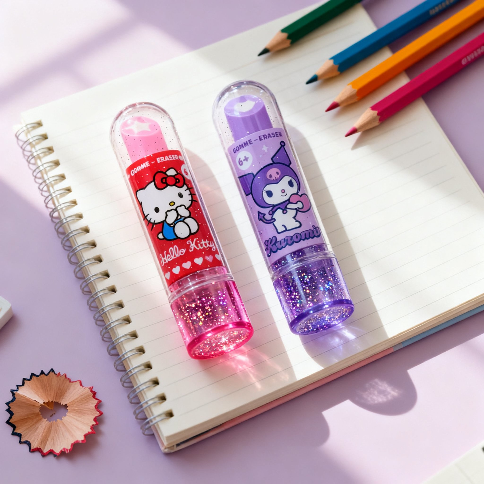 Hello Kitty und Kuromi Lippenstift-Radierer auf einem offenen Schulheft neben Farbstiften