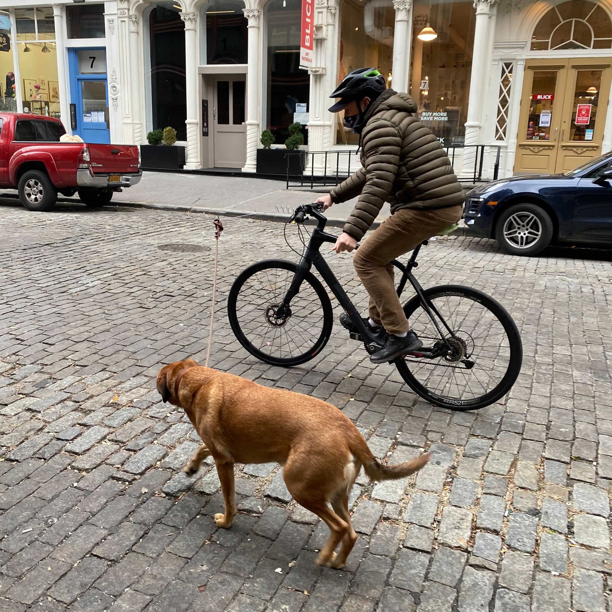 Radfahrer mit Hund an der Leine am Hundeleinen-Halter fürs Fahrrad