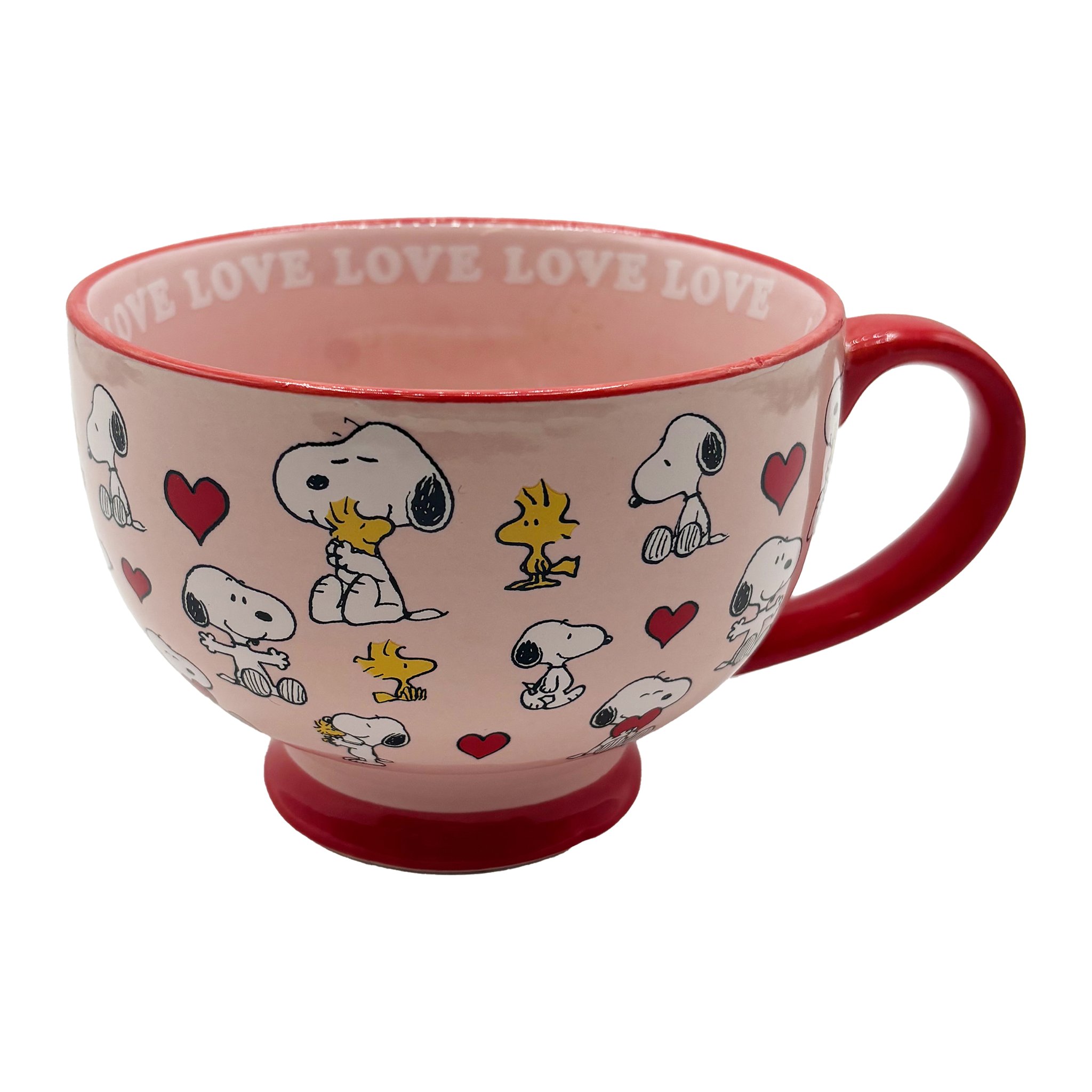 Snoopy Love Tasse von der Seite: rosa Tasse mit rotem Henkel, Snoopy-und-Woodstock-Muster mit Herzen