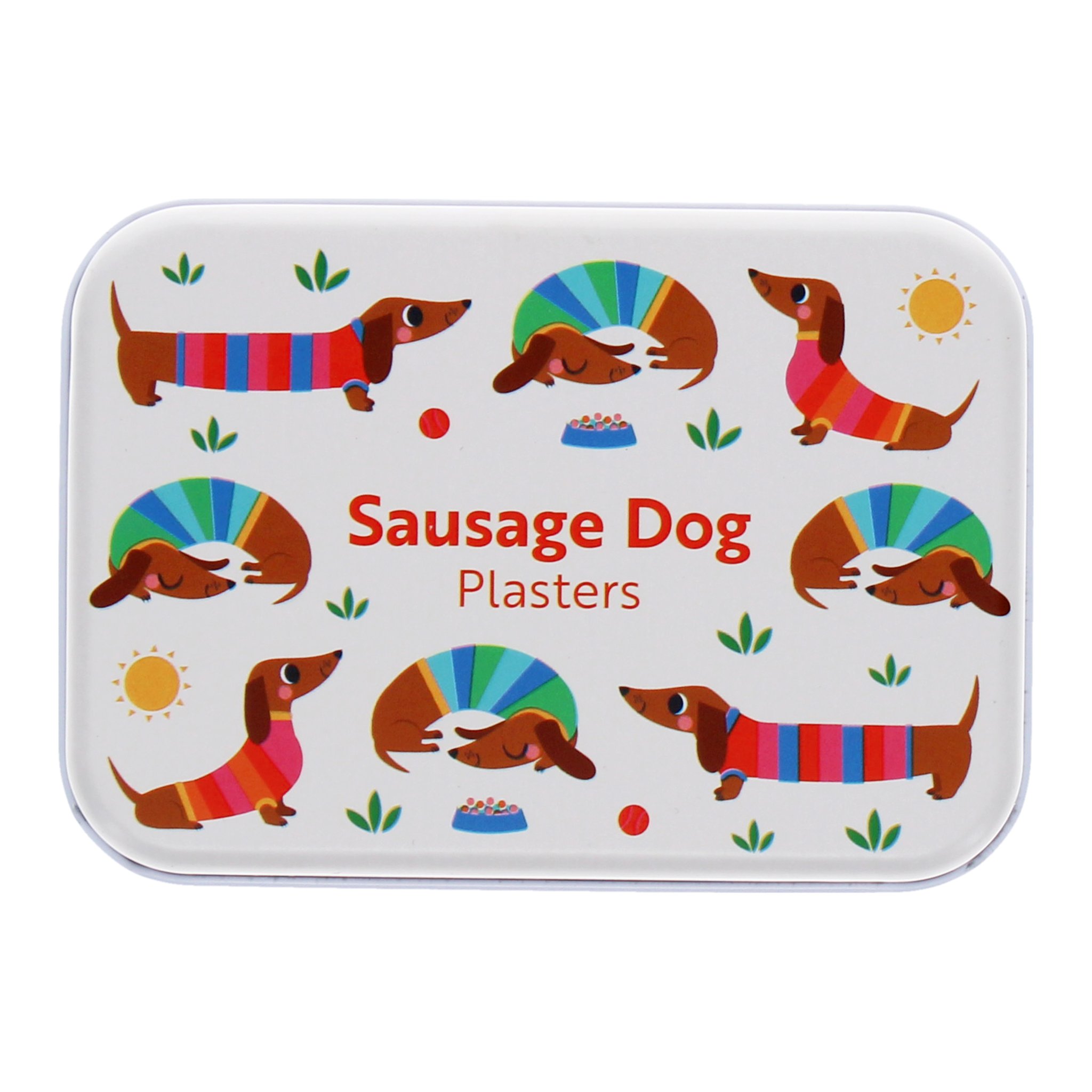 Couvercle de la boîte en métal avec teckels en pull coloré, inscription Sausage Dog