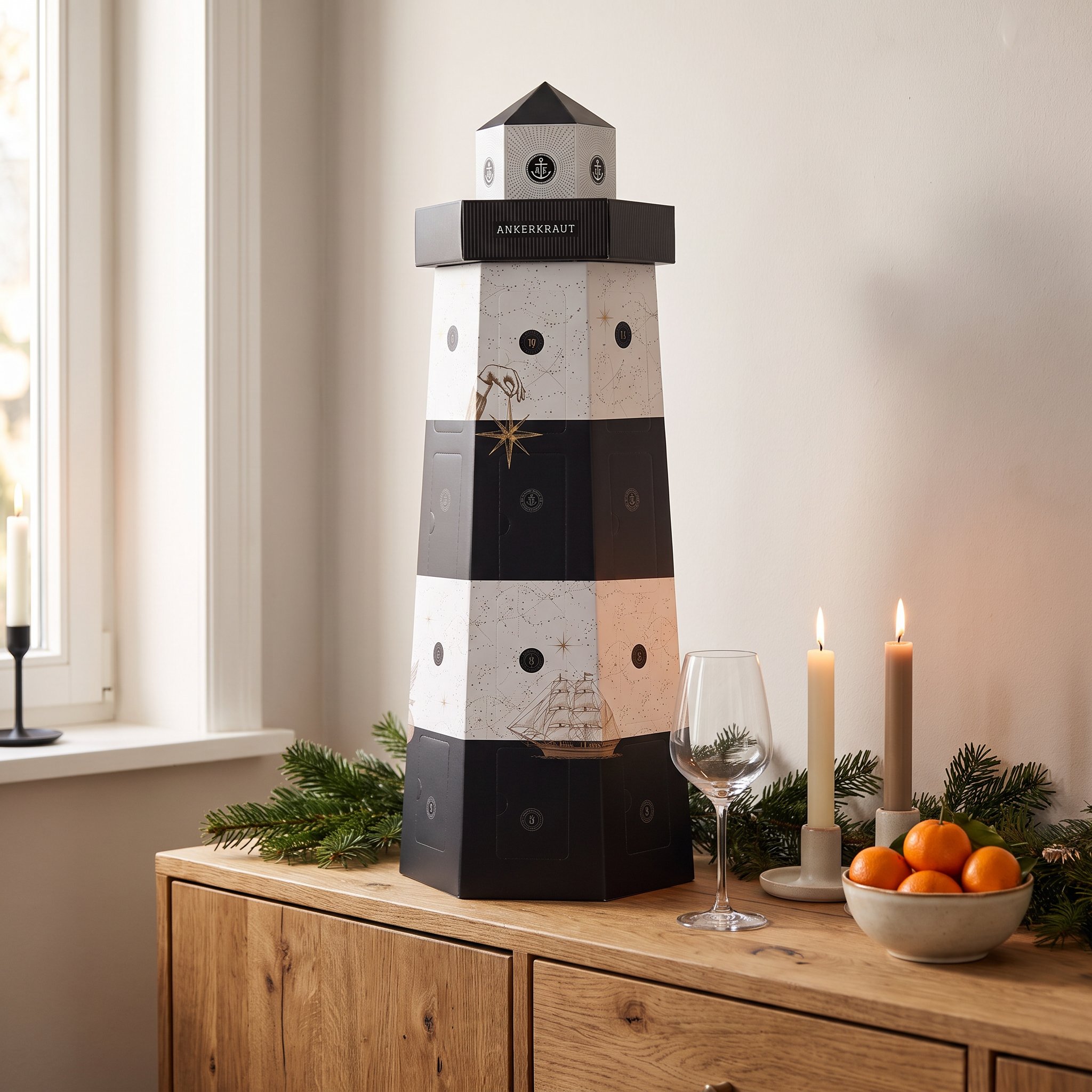 Leuchtturm-Adventskalender auf einem Sideboard neben Weinglas, Kerzen und Clementinen