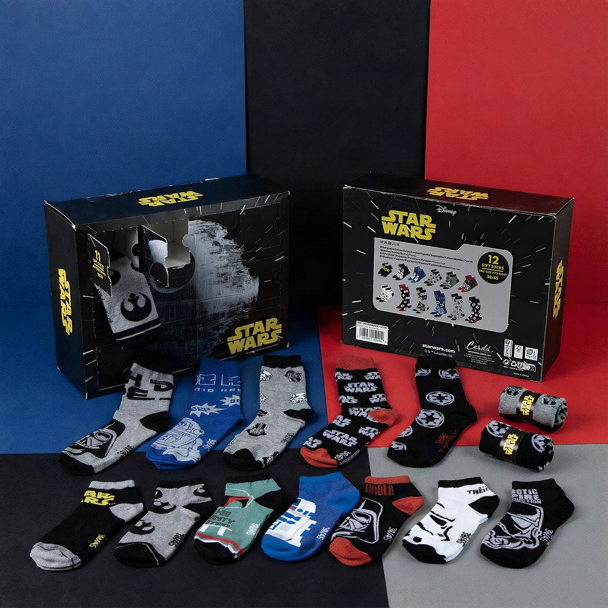 Death Star advent calendar box open and closed with the rolled socks laid out in front