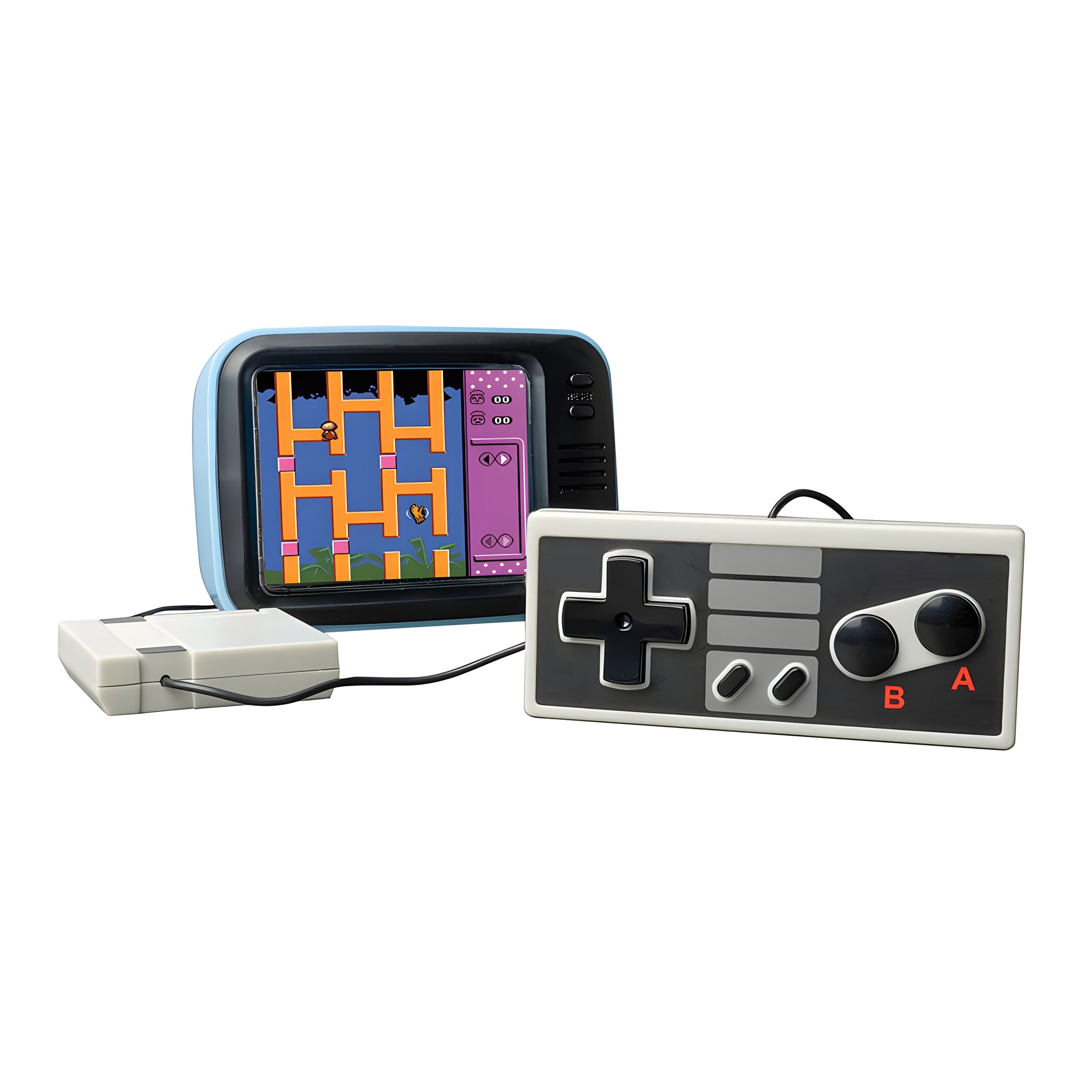 Retro-Spielkonsole im TV-Look mit hellblauem Gehäuse und Controller mit Steuerkreuz