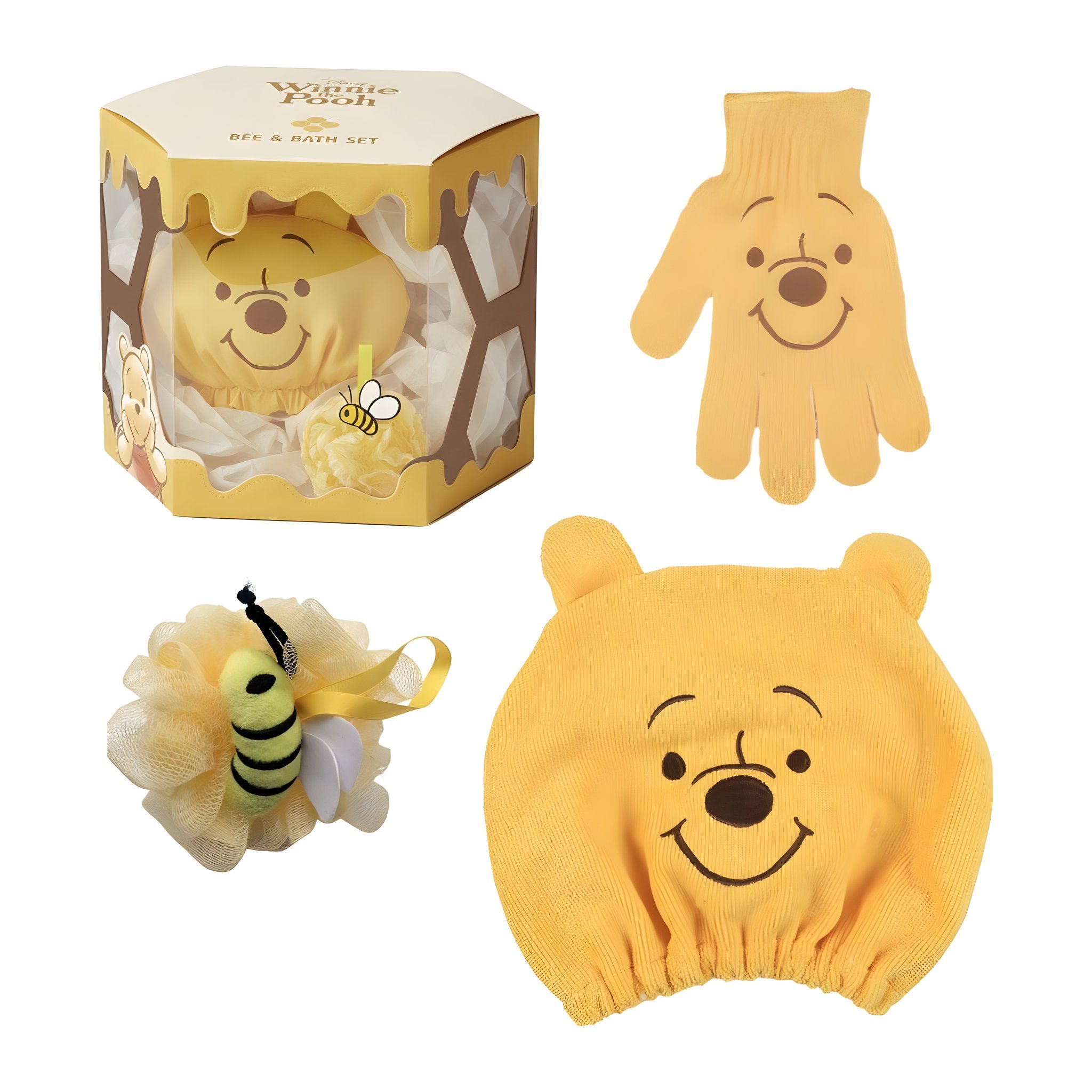 Winnie Puuh Badeset in der Waben-Geschenkbox mit Haarturban, Peelinghandschuh und Bienen-Schwamm