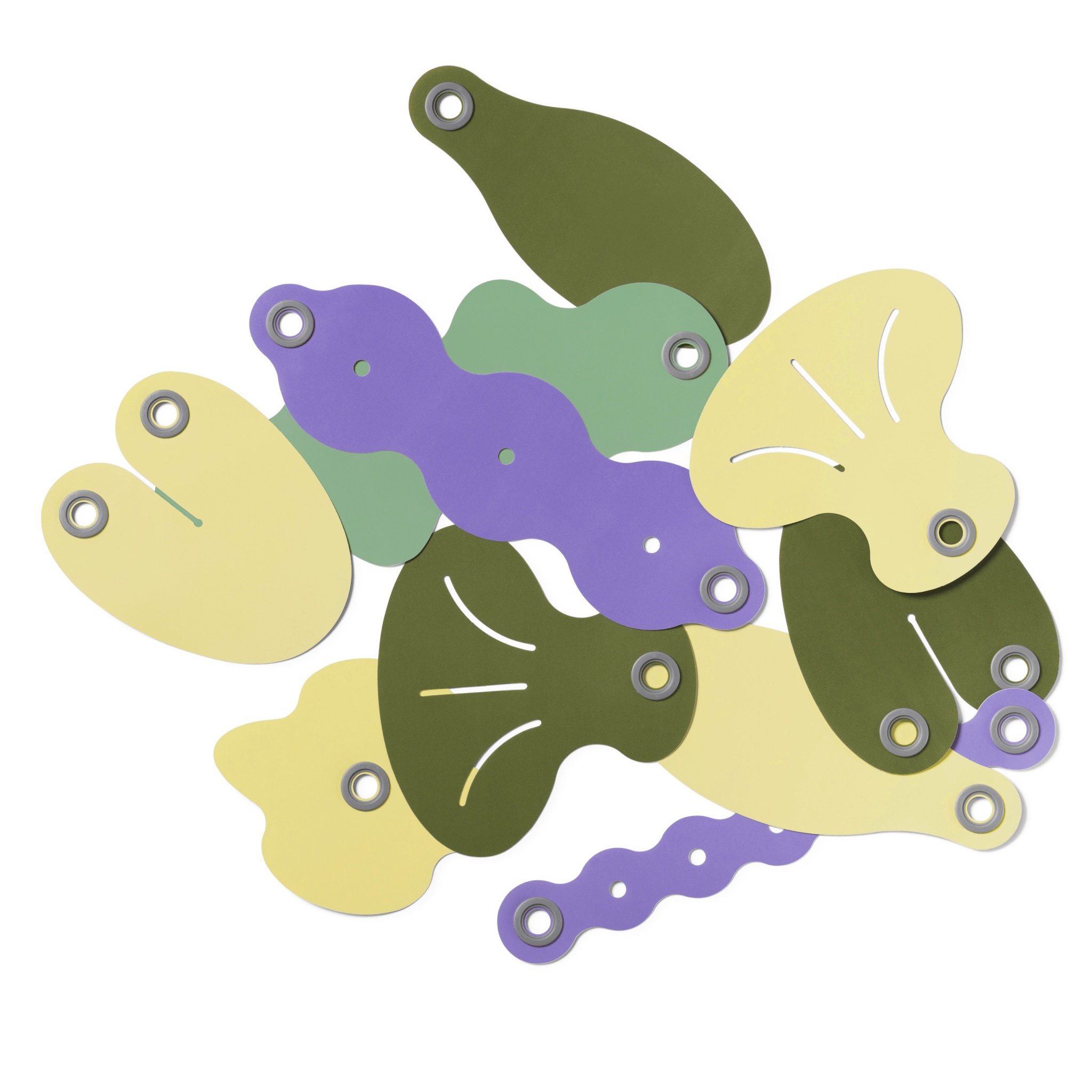 Les dix pièces décoratives Blobbies en violet, vert et jaune clair avec œillets