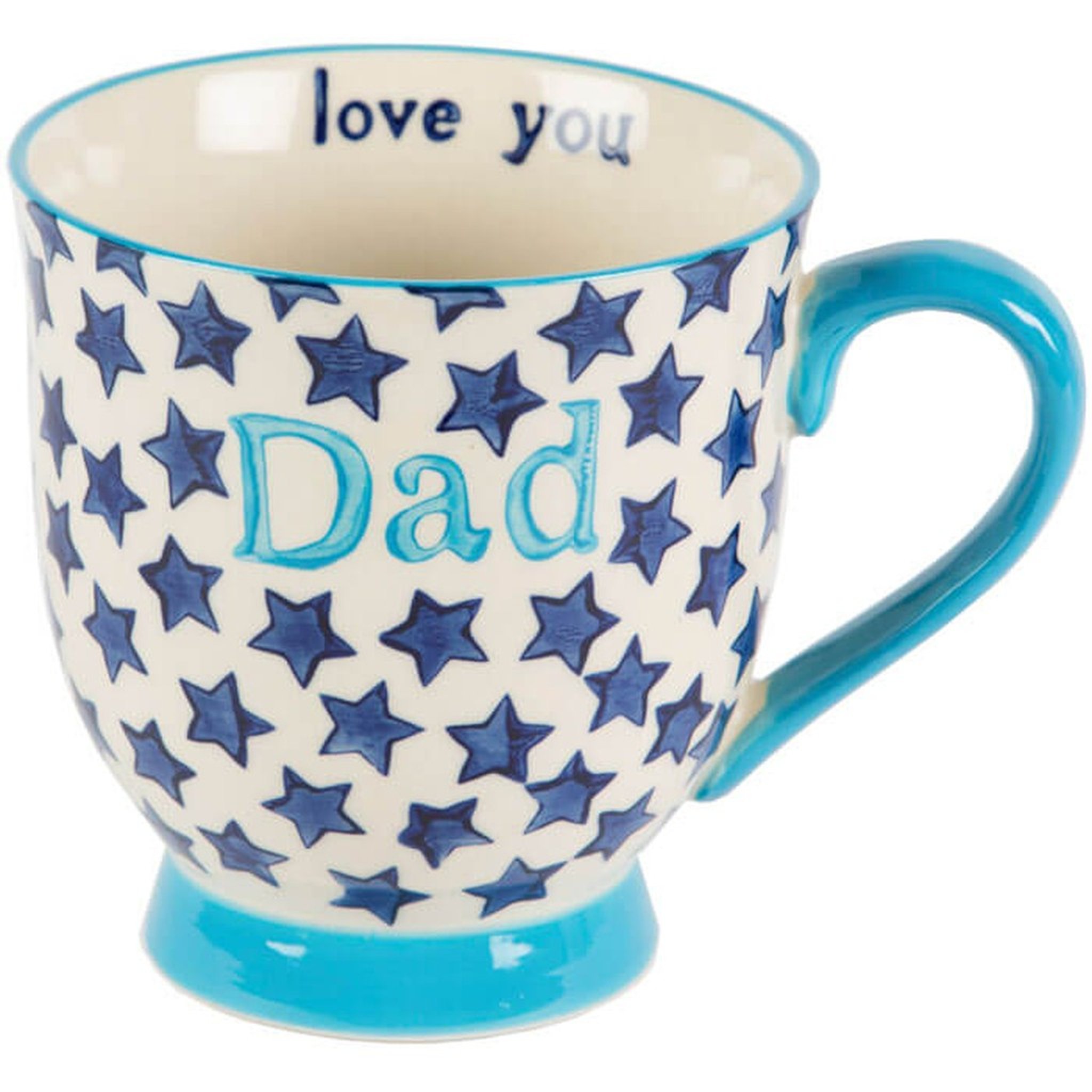 Love You Dad Tasse freigestellt, Keramiktasse mit Sternen und blauem Henkel