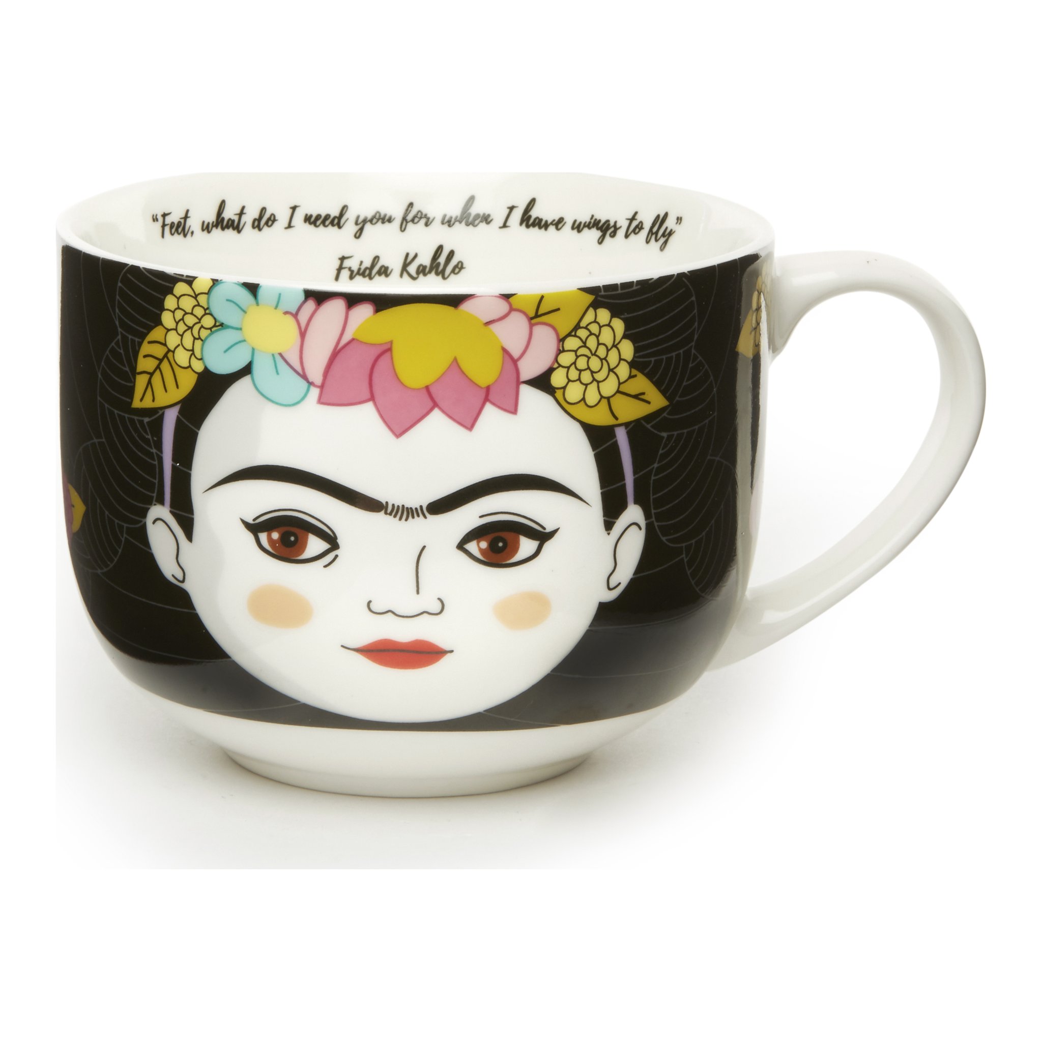 Frida-Tasse mit Gesicht, Blumenkranz und Zitat am Rand