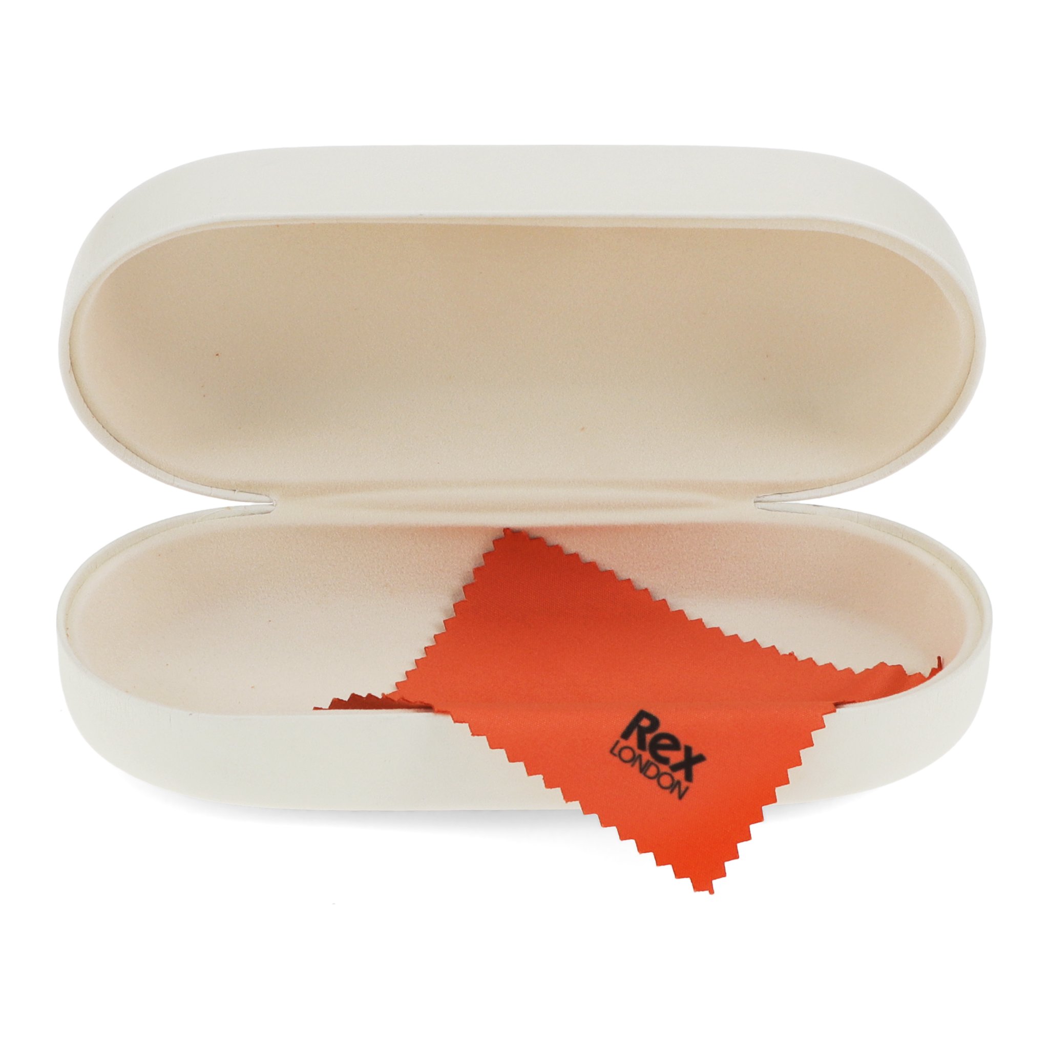 Geöffnetes Hartschalen-Etui mit heller Innenseite und orangem Brillenputztuch