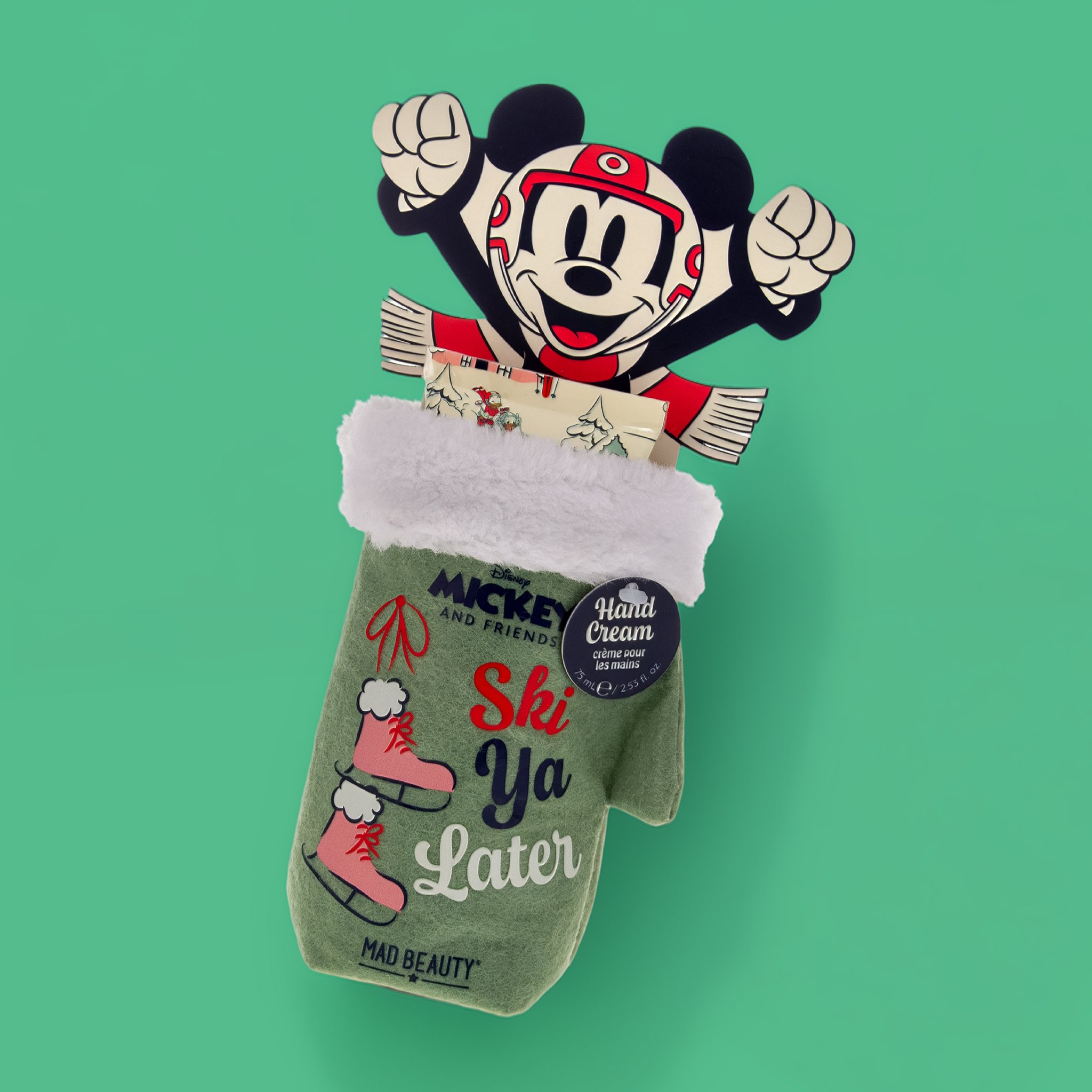 Filz-Fäustling «Ski Ya Later» mit Mickey-Figur obendrauf, darin steckt die Handcreme