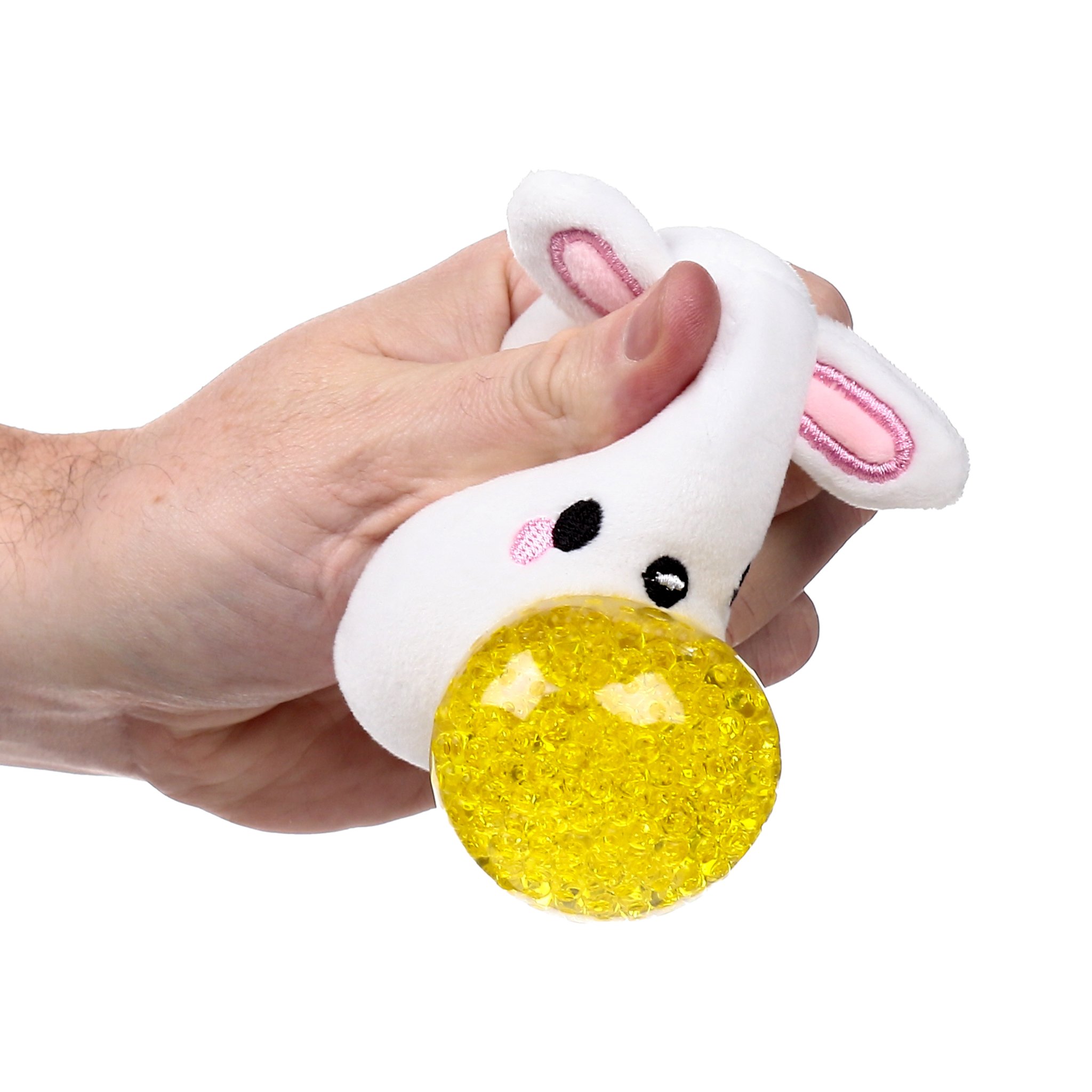 Hasen-Plueschstressball in der Hand, Gelkugel tritt hervor