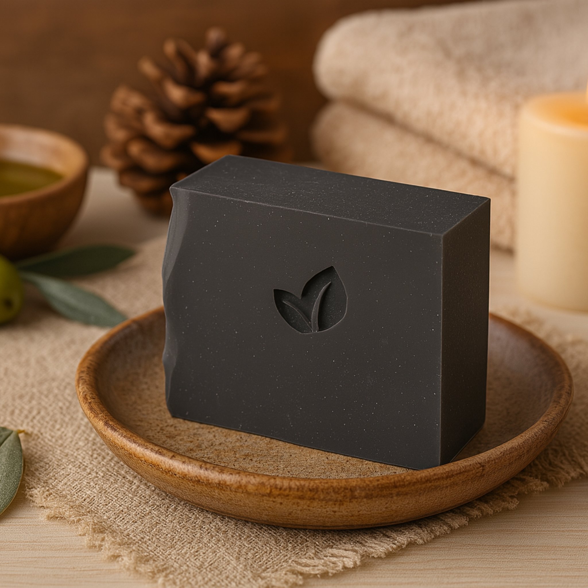 Schwarze Naturseife in Holzschale vor Handtüchern und Tannenzapfen