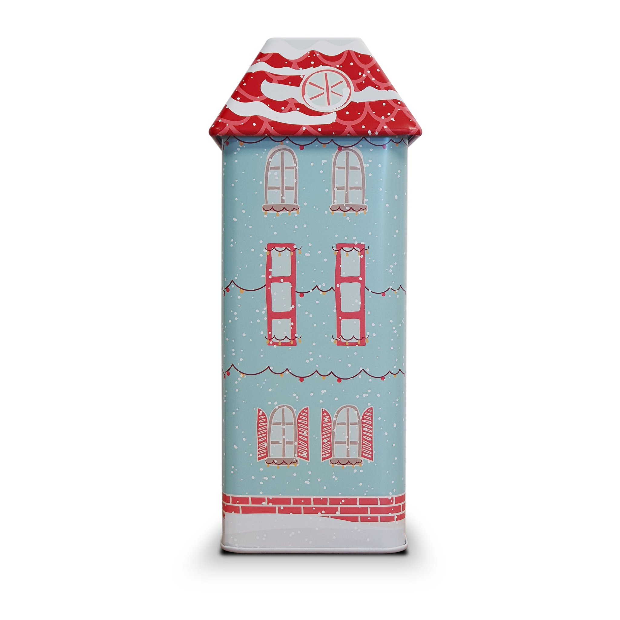 Narrow side view of the Christmas house tea tin with windows