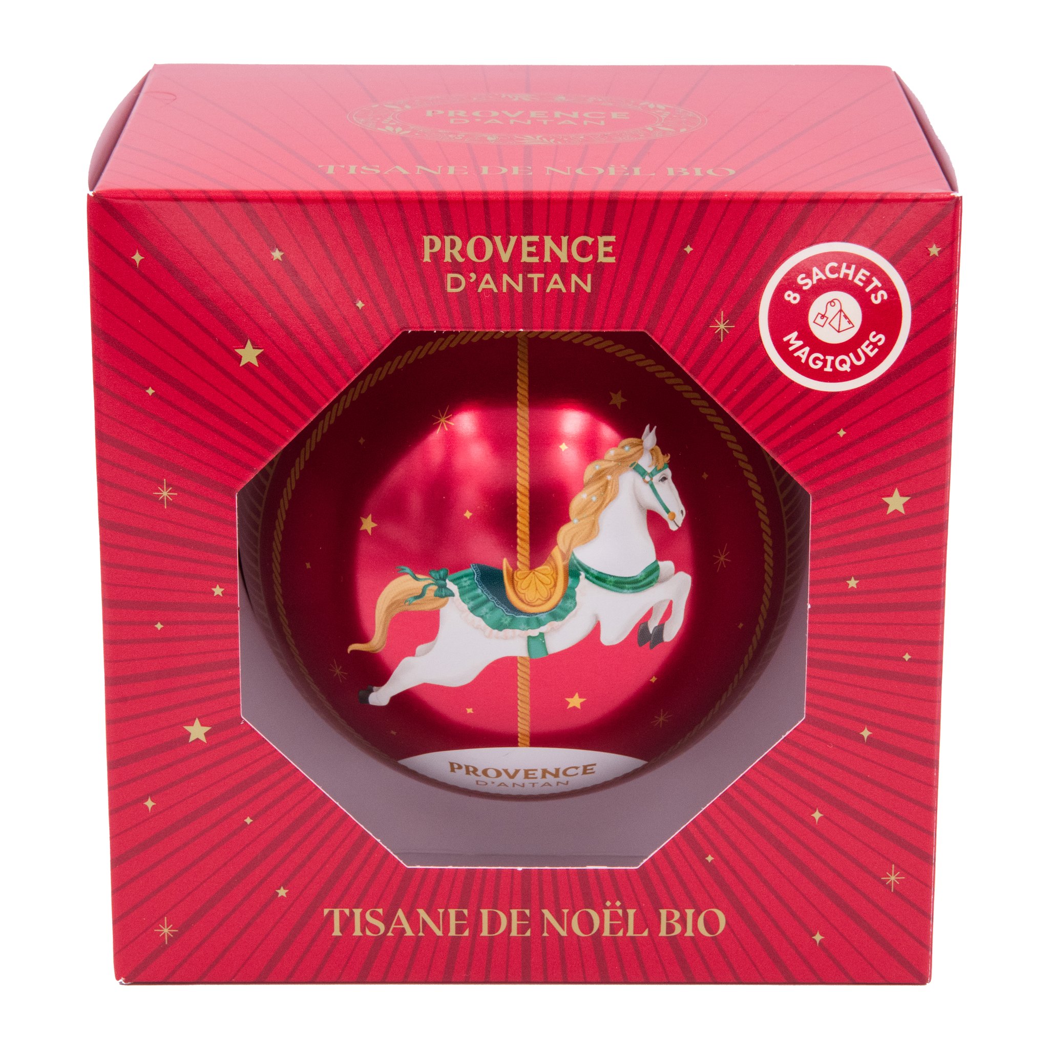 La boule rouge et son cheval de carrousel blanc dans la fenêtre du coffret.