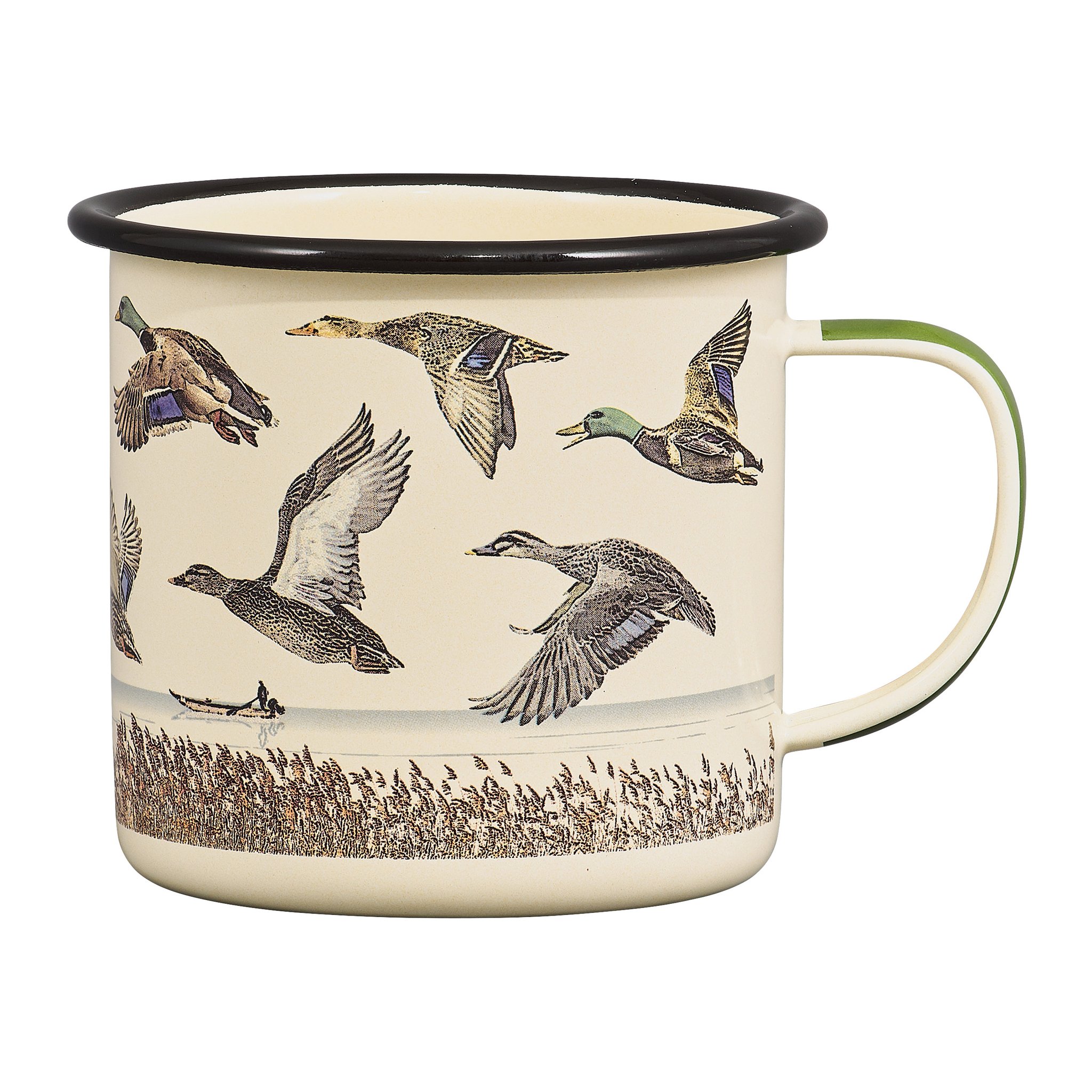 Enten Emaille-Tasse in Creme mit fliegenden Stockenten, schwarzem Rand und grün abgesetztem Henkel, Henkel rechts