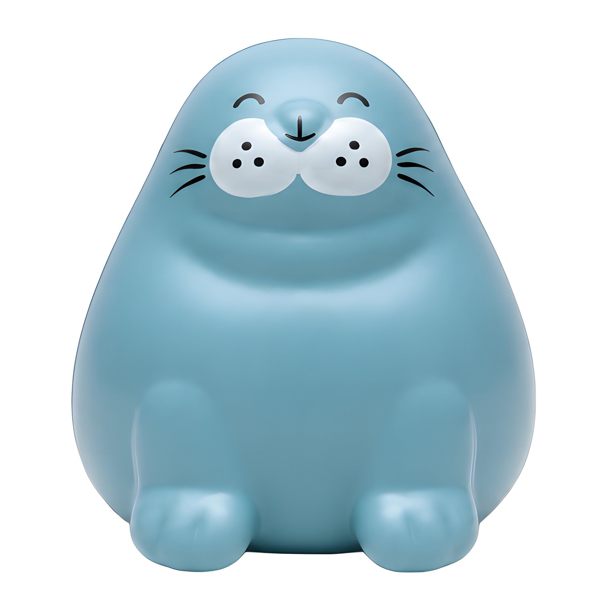 Chonky Seal Robben-Squishy in Graublau von vorne, mit geschlossenen Augen und Schnurrhaaren