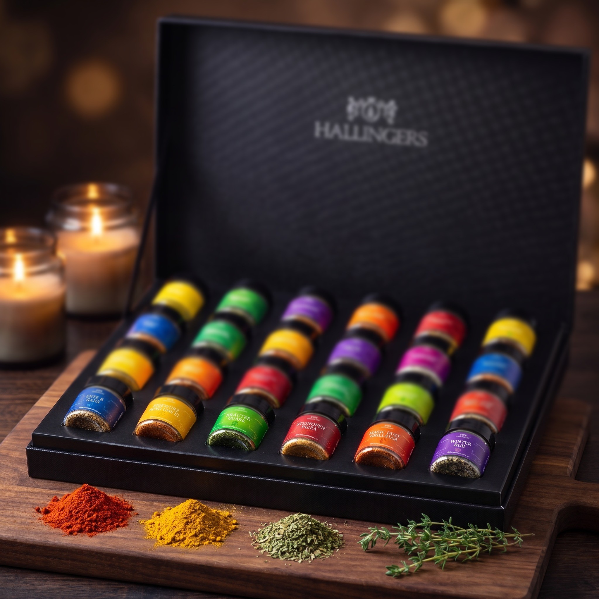 Offener Gewürz-Adventskalender mit 24 Gläsern auf einem Holzbrett mit drei Gewürzhäufchen und Thymian