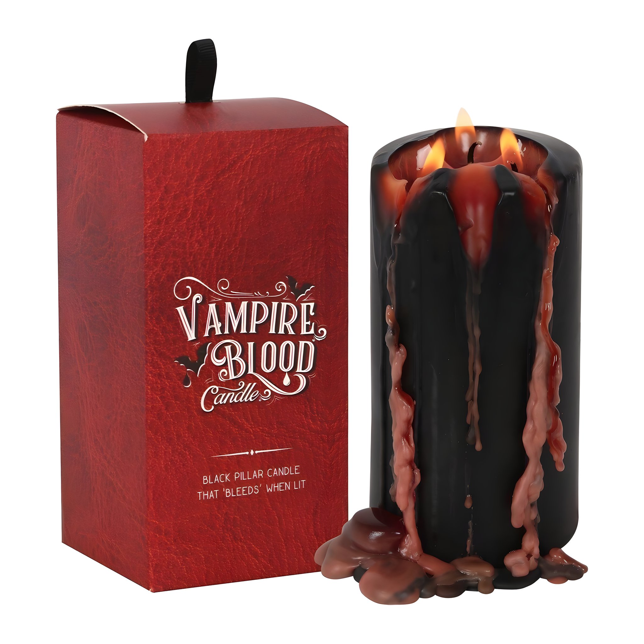 Bougie pilier noire Sang de vampire à cire rouge à côté de sa boîte rouge