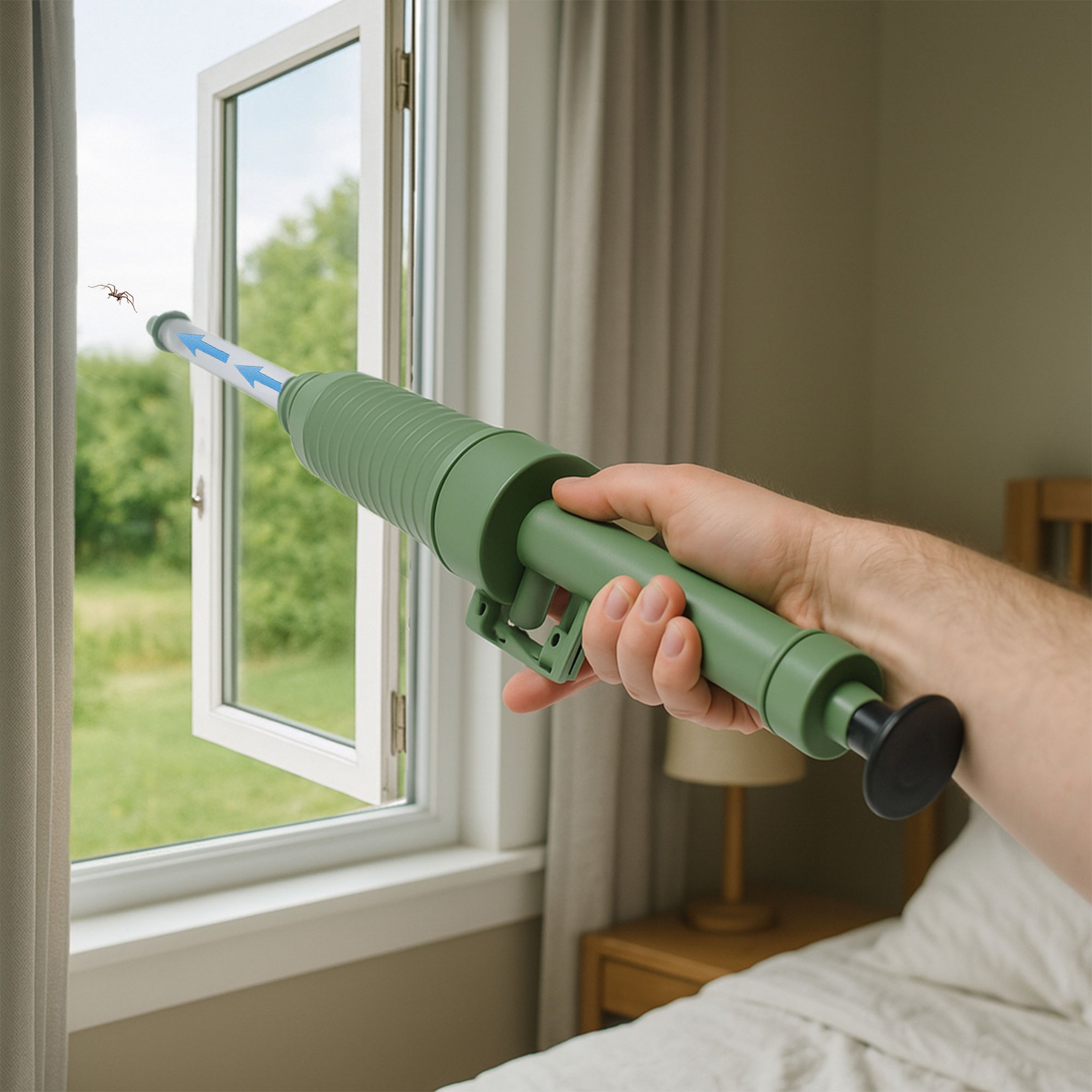 Insekt wird mit dem Bug Vac durch das offene Fenster nach draussen freigelassen