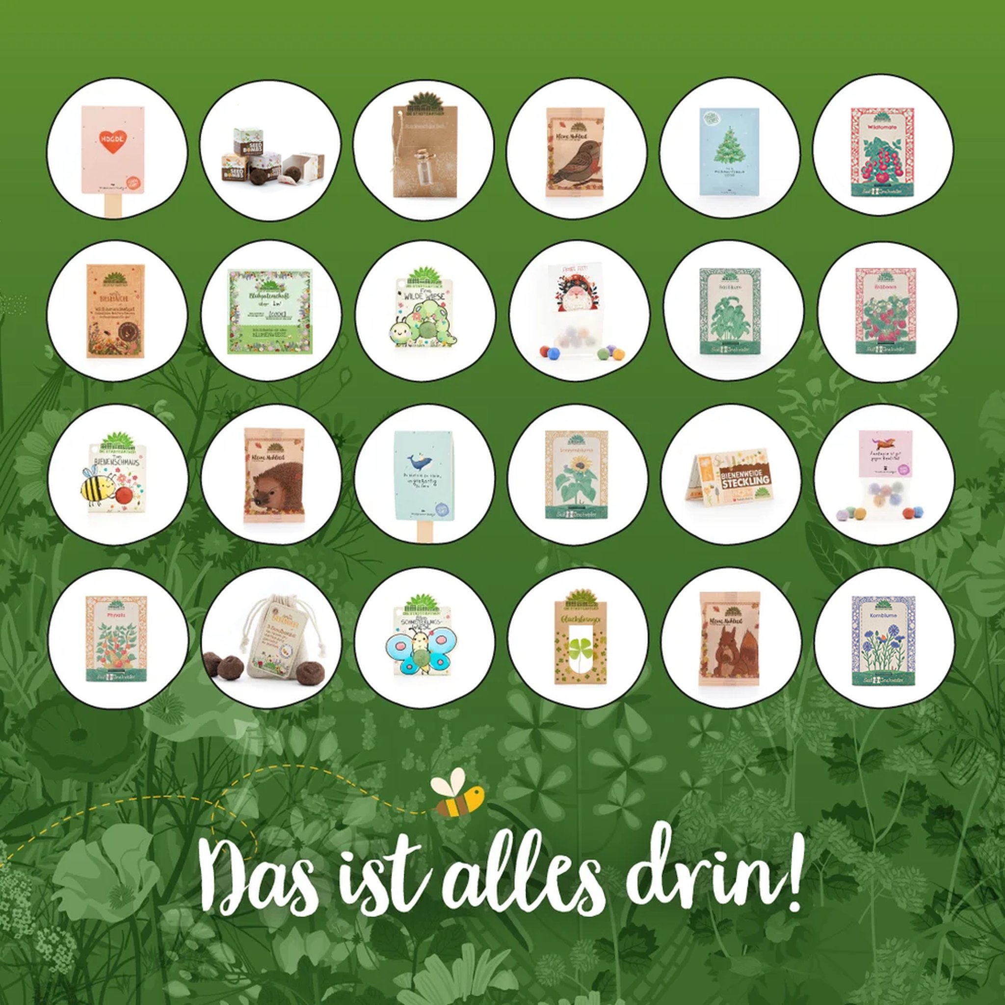 Übersicht der 24 Überraschungen im Adventskalender, darunter Saatgut, Seedbombs und Blumenmurmeln