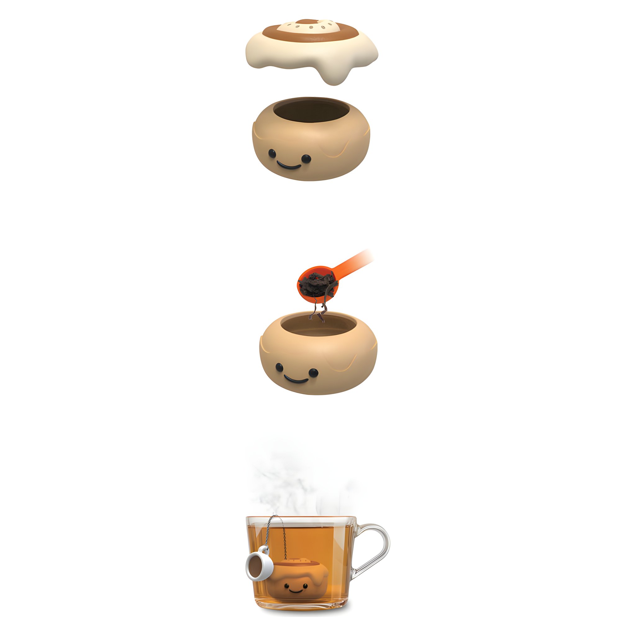 Anwendung des Zimtschnecken Tee-Eis: aufklappen, losen Tee einfuellen, in der Tasse ziehen lassen