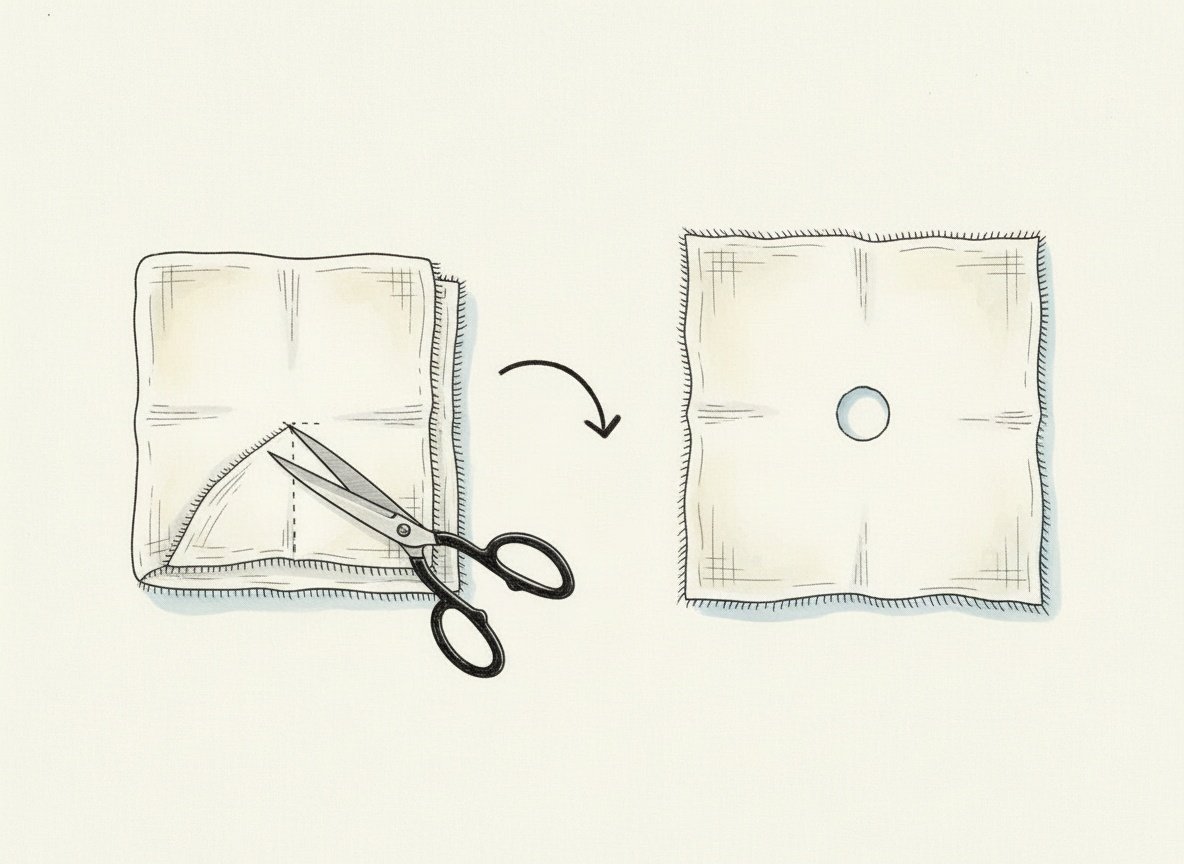 Sketch: the corner is snipped off the folded fabric, unfolded it has a round hole in the centre