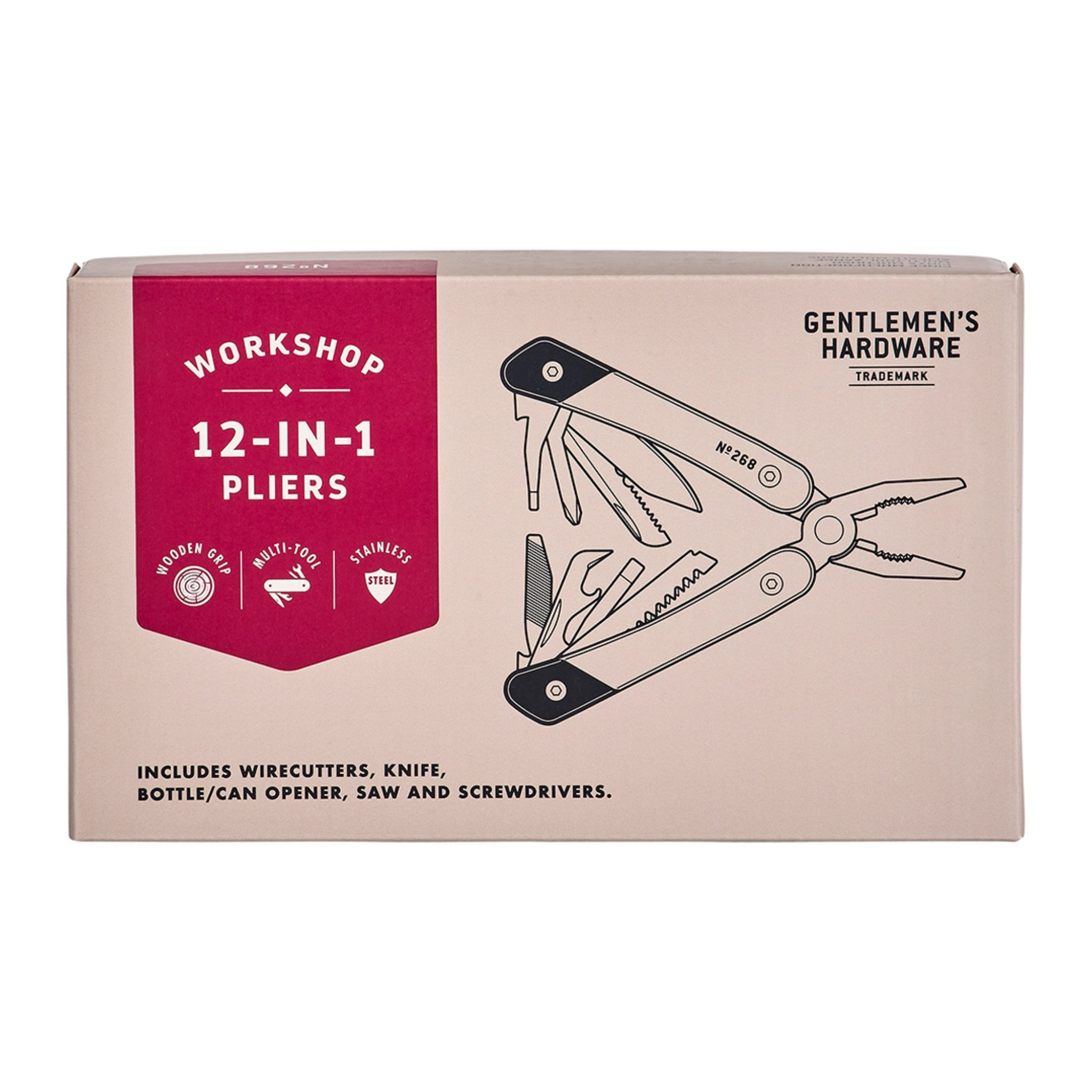 Face avant de la boîte de la pince multifonction avec bandeau rouge et dessin de l'outil