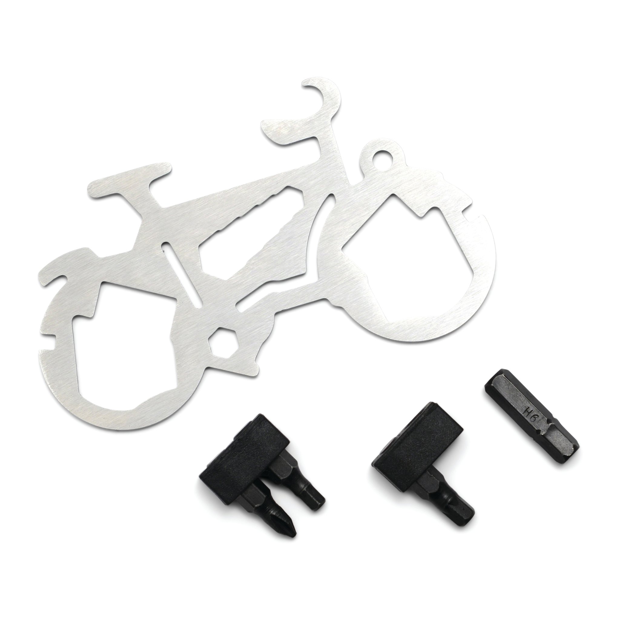 Mini Bicycle Multi-Tool with the black bits taken out and laid below the open metal frame