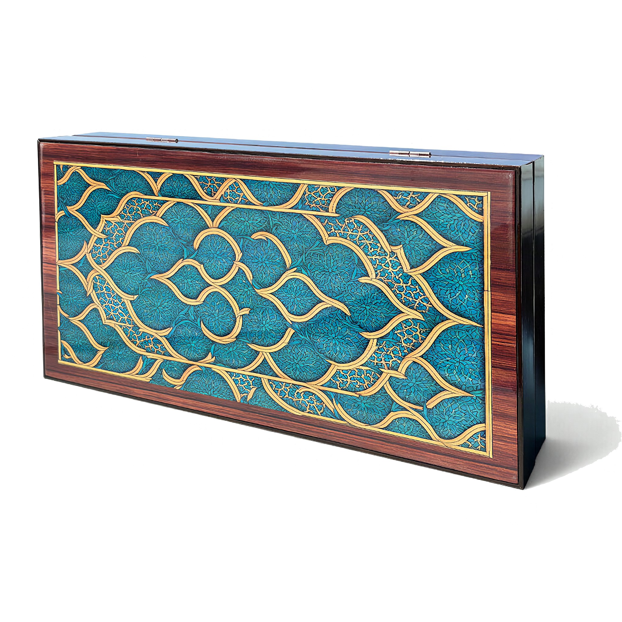 Geschlossenes Backgammon-Set Oriental mit türkisem Ornament-Deckel und Holzrahmen
