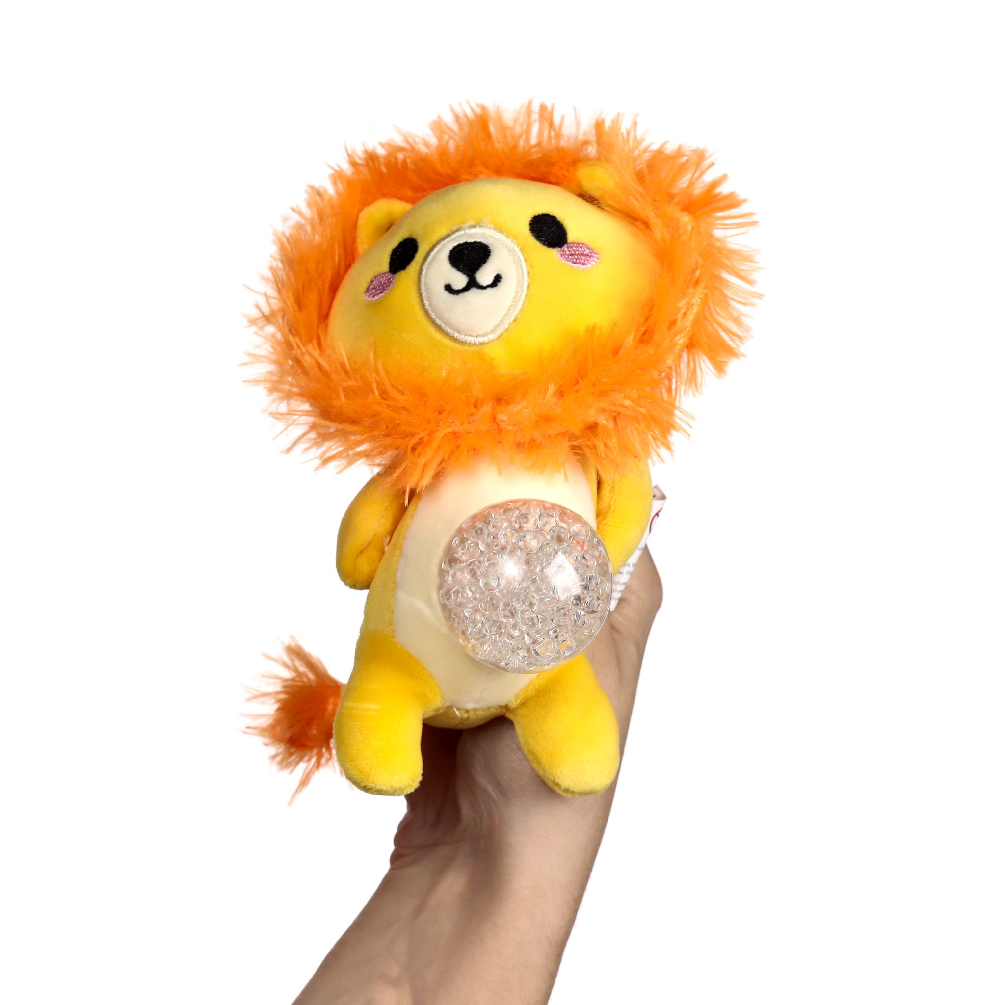 Loewen-Plueschstressball in der Hand, Gelkugel tritt hervor
