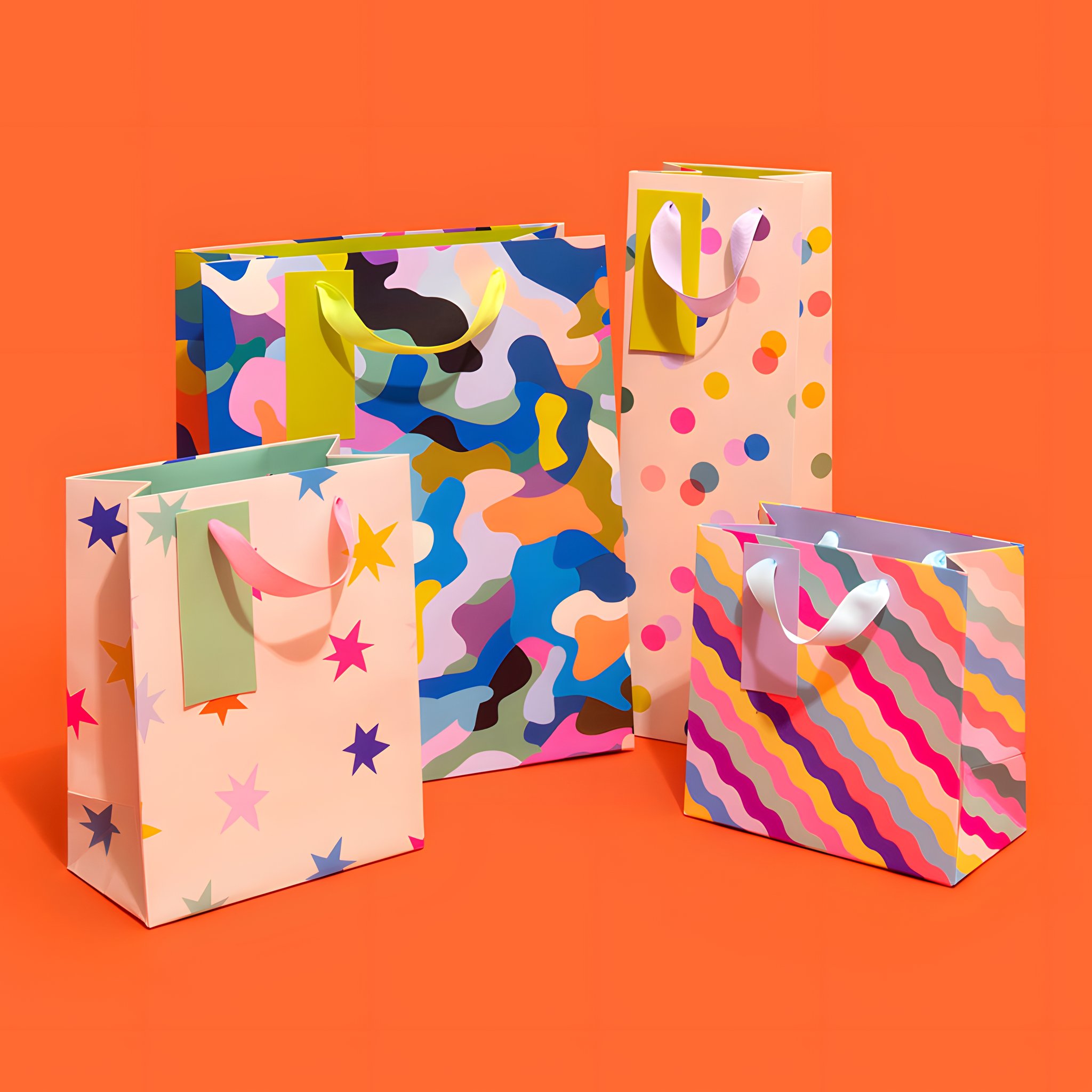 Busta regalo piccola a righe rosa e arancioni insieme ad altre buste regalo Ohh Deer su sfondo colorato