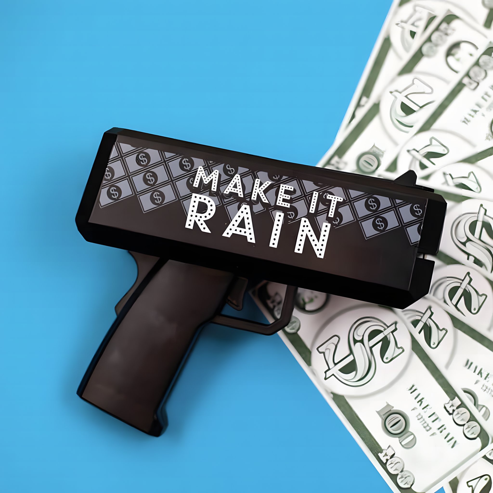 Make It Rain Geld Pistole mit Geldscheinen auf blauem Hintergrund