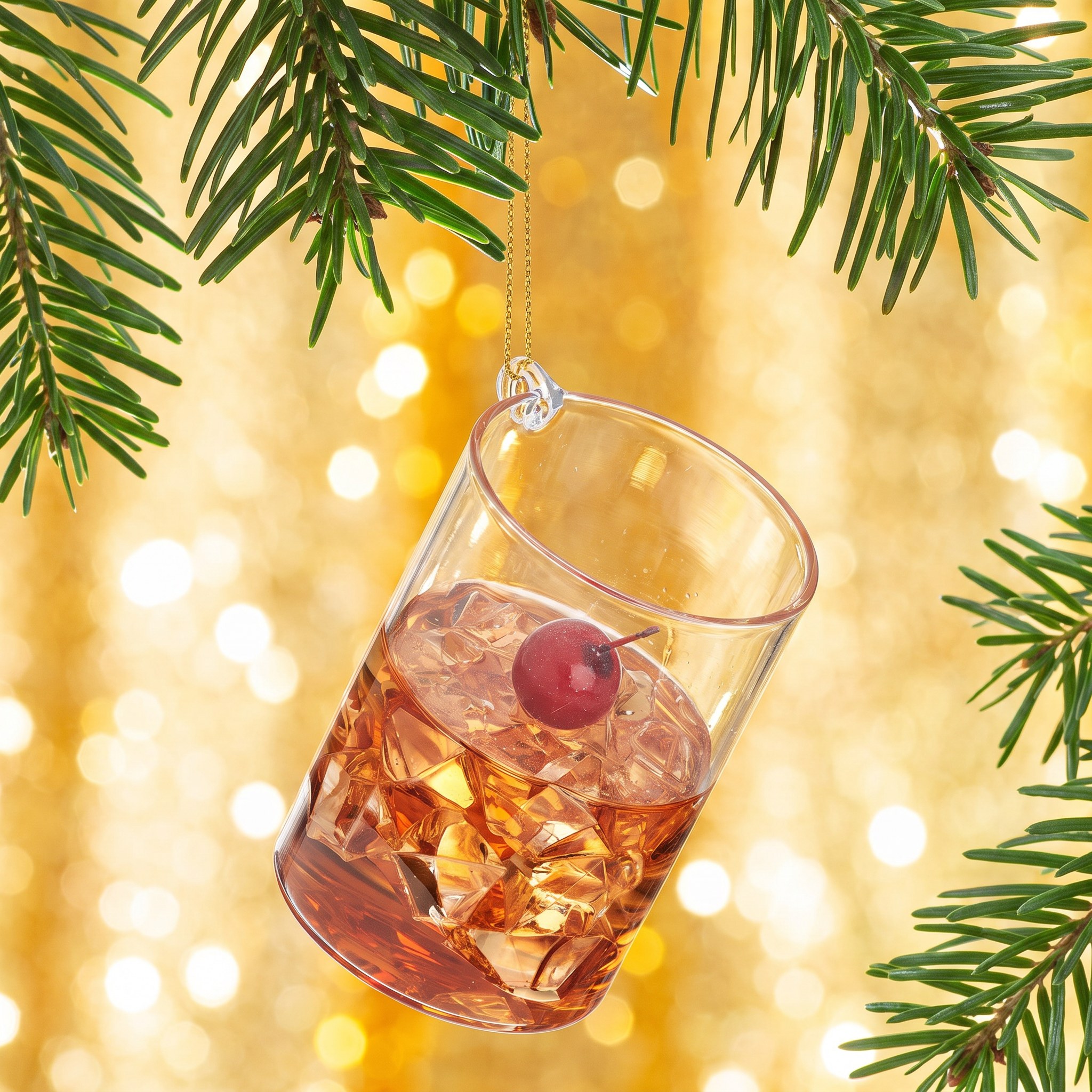 Decorazione Albero di Natale Bicchiere di Whisky di Sass & Belle su un ramo di abete davanti a glitter dorati