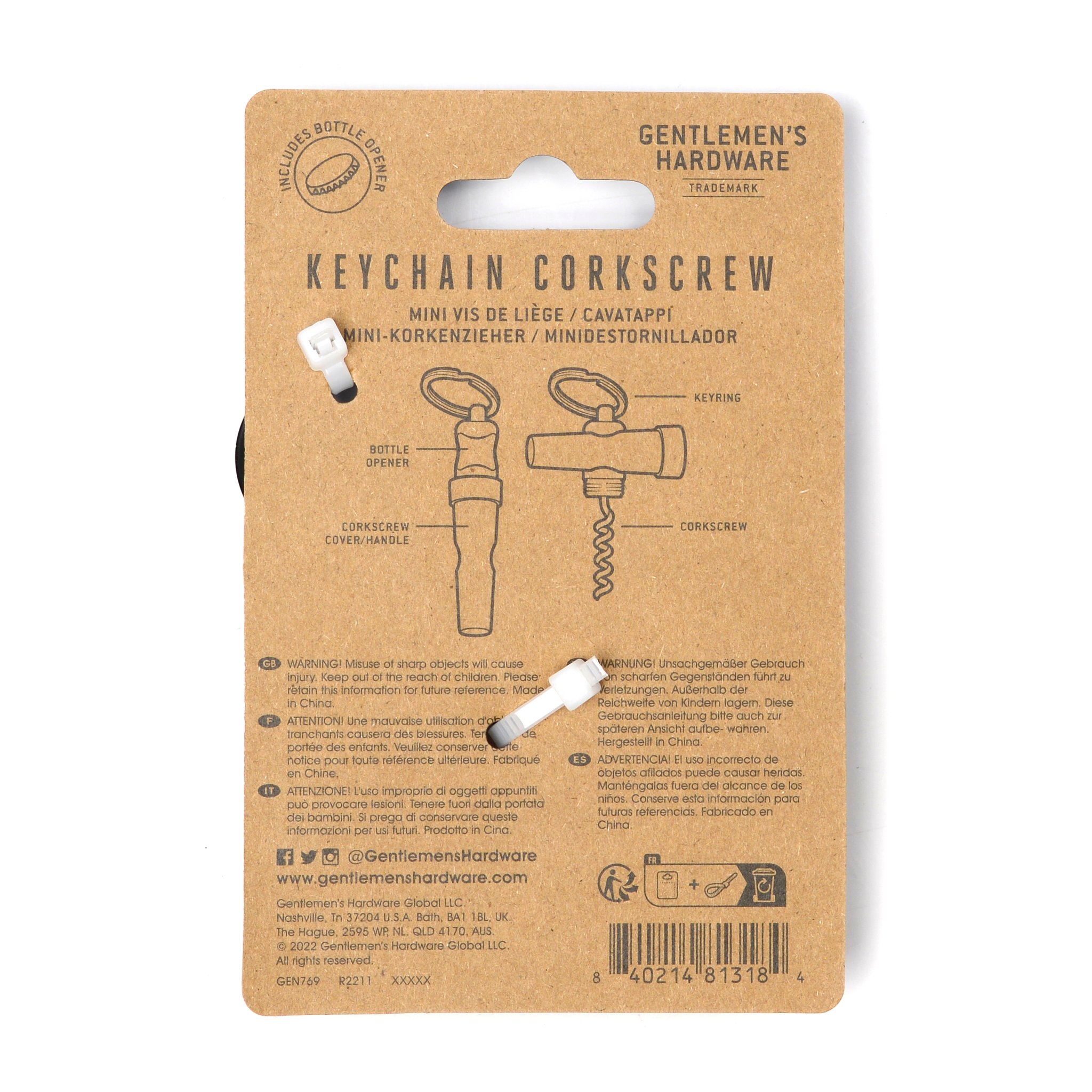 Back of the keychain corkscrew card with a diagram, safety notes and a barcode