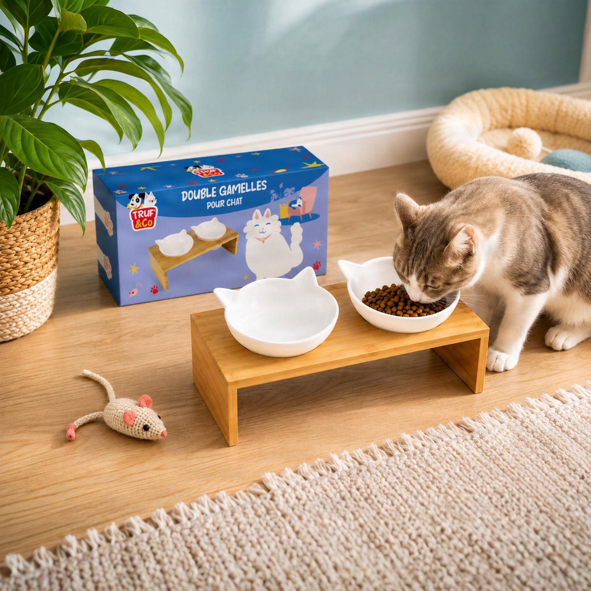 Double cat bowl with packaging and toy mouse in the living room