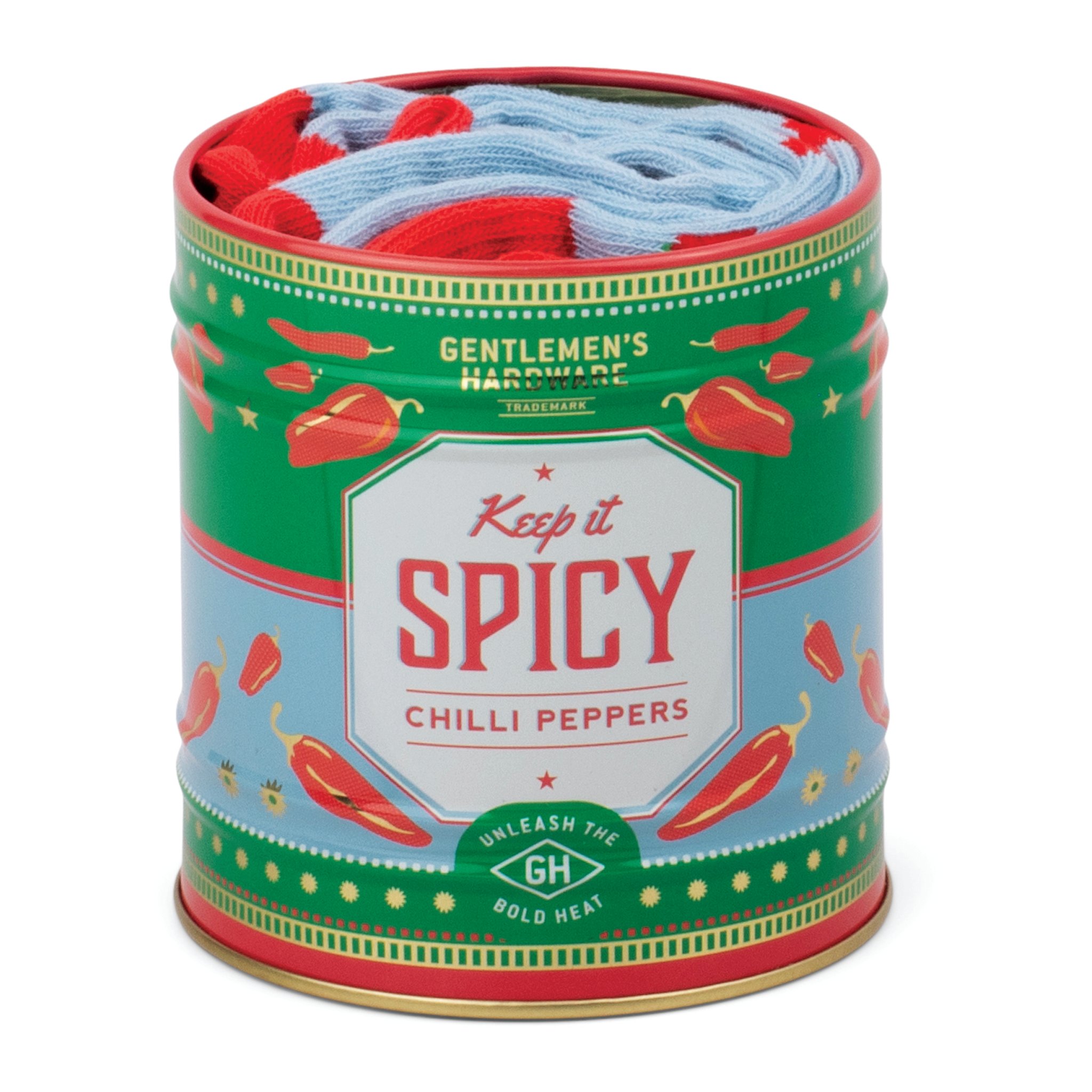 Boîte sans bandeau, des chaussettes bleu clair à bord rouge dépassent du haut, au-dessus de l'étiquette «Keep it Spicy»