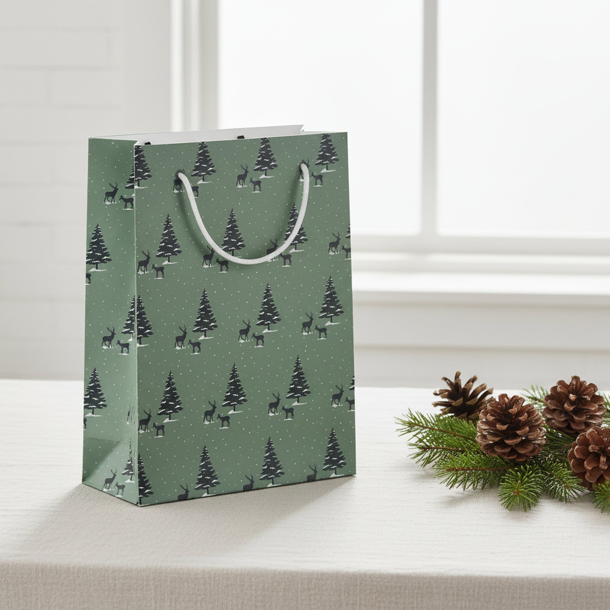 Sacchetto regalo verde con abeti e cervi su un tavolo in lino con pigne