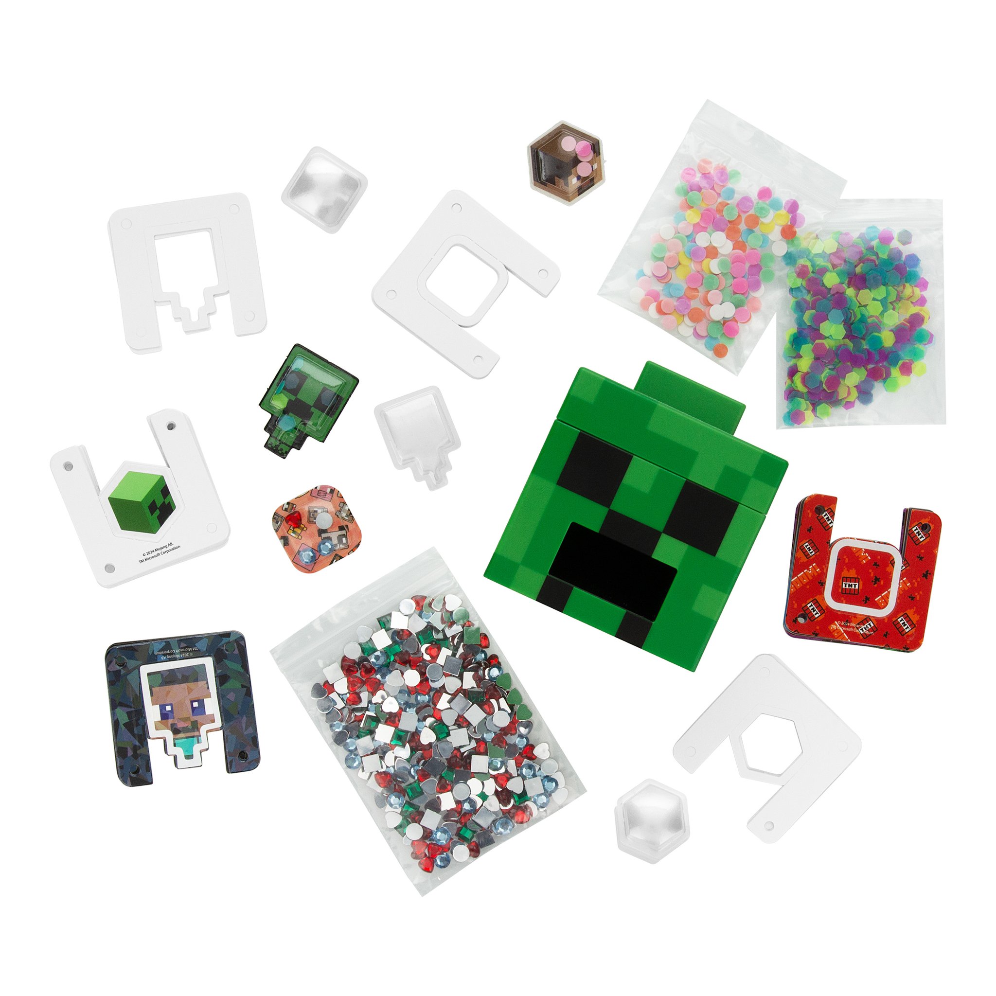 Minecraft 3D Sticker Maker – alle Einzelteile im Überblick: Creeper-Box, Förmchen, Sticker, Edelsteine und Streuteile